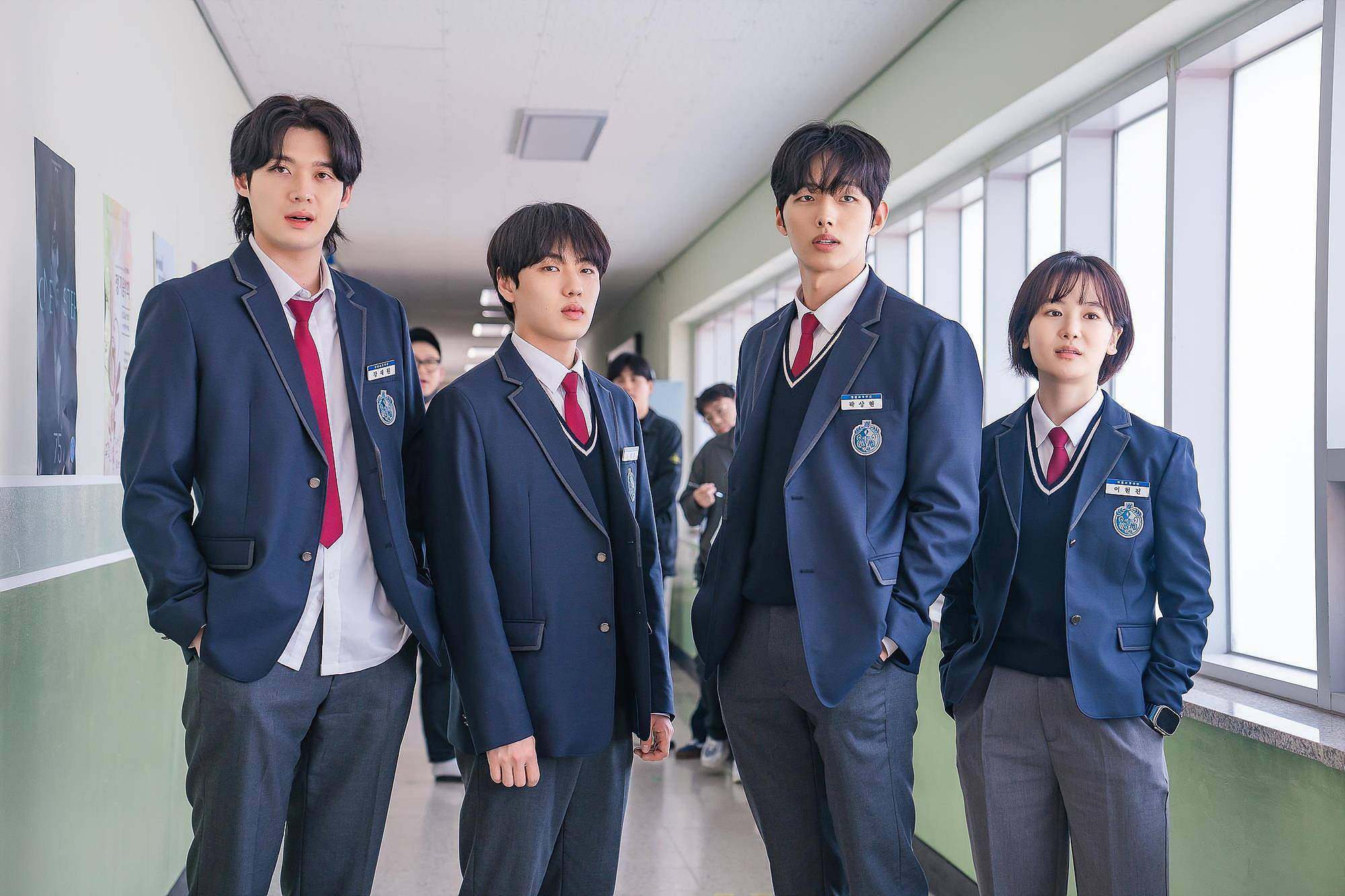 Yoon Hyun-soo (second from left) and Lee Jung-sic (second from right) as Se-hoon and Sang-hyeon in a still from “I Am a Running Mate”, a bright, peppy comedy set in a Korean high school.