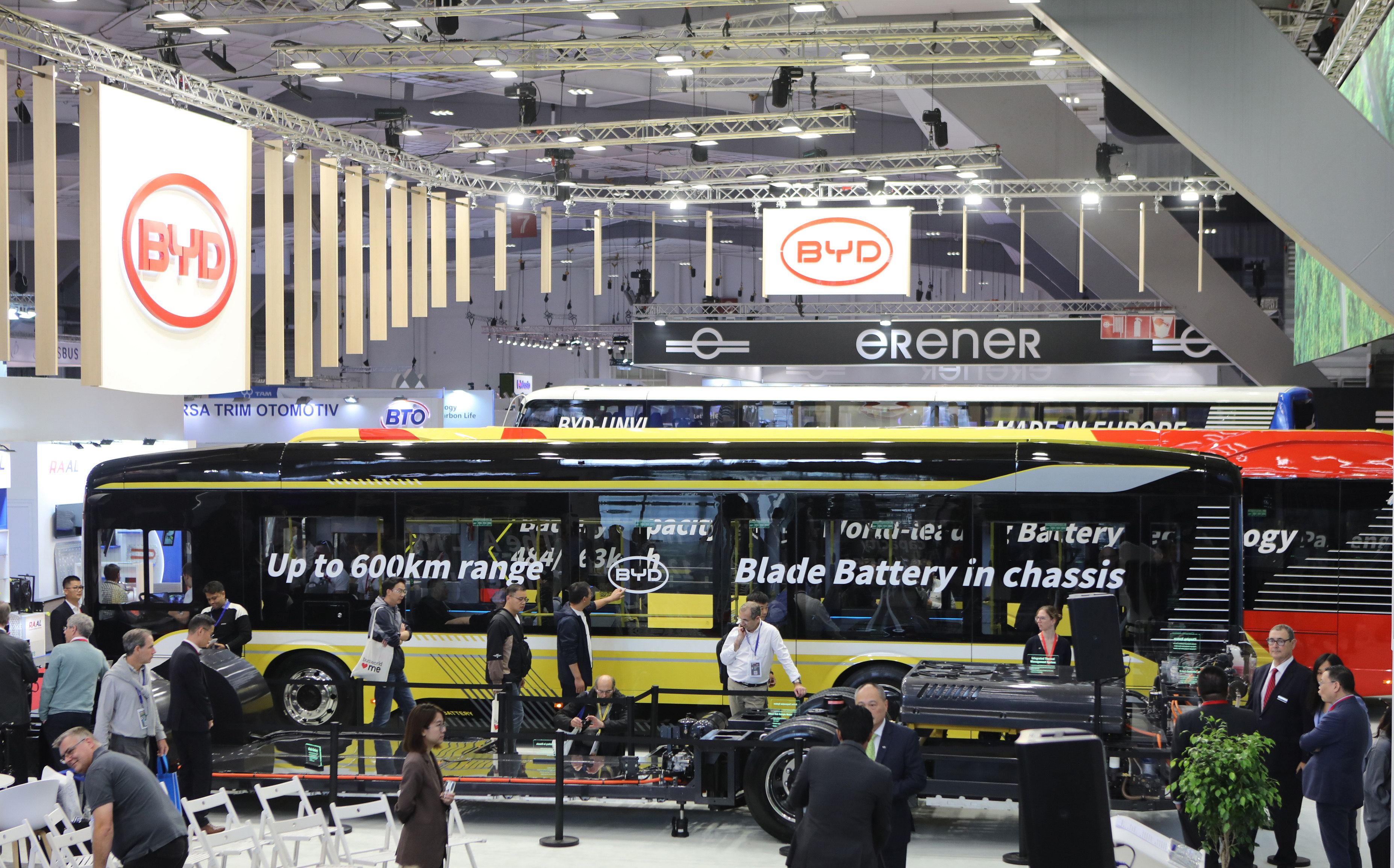 BYD buses are displayed at the 26th edition of Busworld Europe in Brussels, Belgium, on October 7. Photo: Xinhua