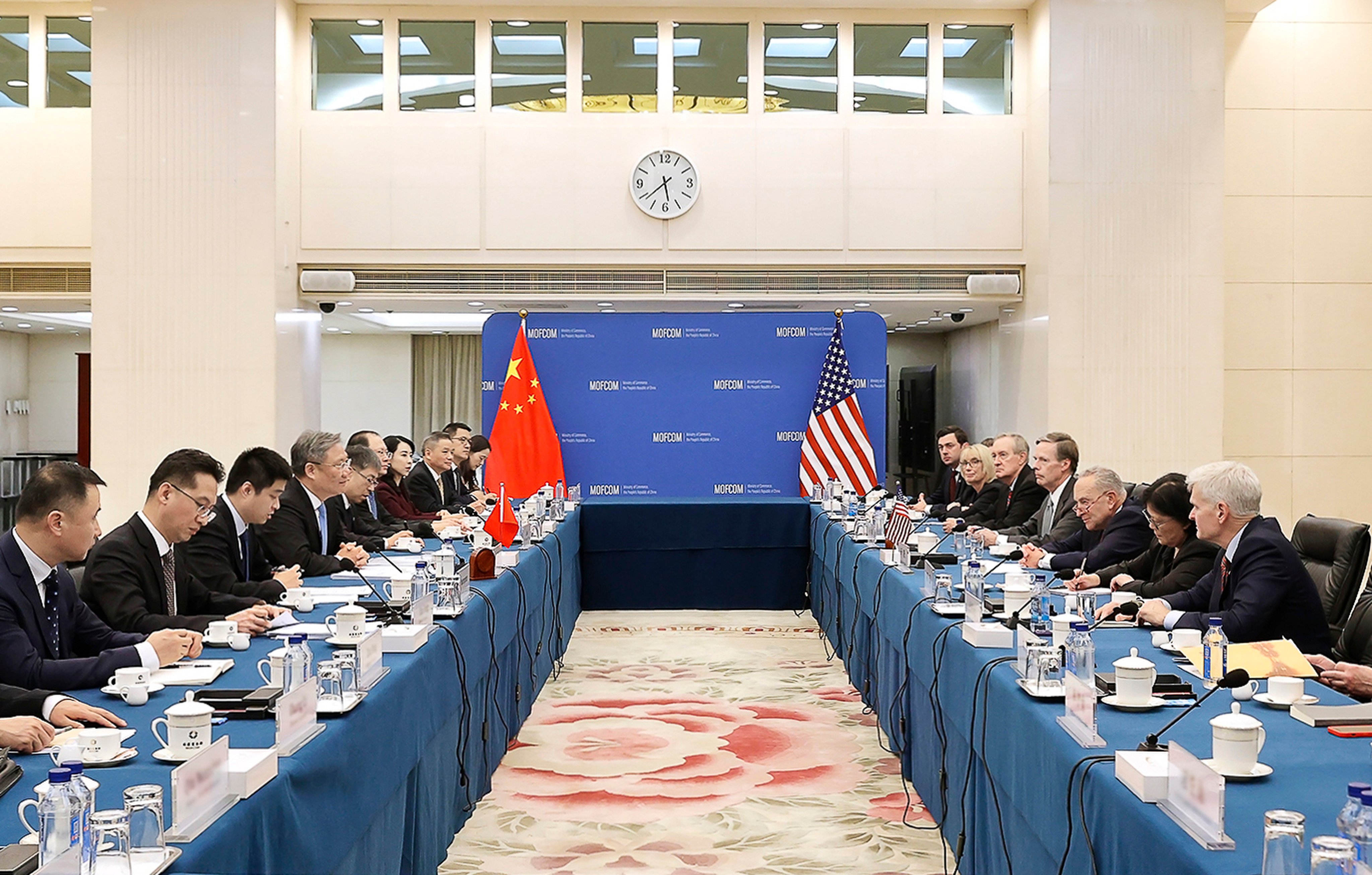 Security boundaries and fair trade rules dominated talks between US Senate Majority Leader Chuck Schumer and Chinese Commerce Minister Wang Wentao during talks on Monday. Photo: MOFCOM
