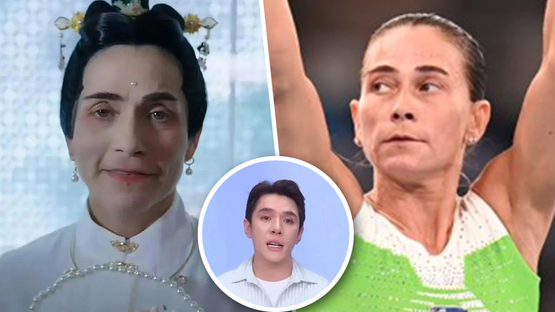 Renowned gymnast Oksana Chusovitina has upset her considerable fanbase in China by entering into a “tasteless” collaboration with a mainland cosmetics brand while many pointed out her make-up is strikingly similar to that of the popular “Lipstick King” Li Jiaqi (inset). Photo: SCMP composite/Douyin/Xinhua