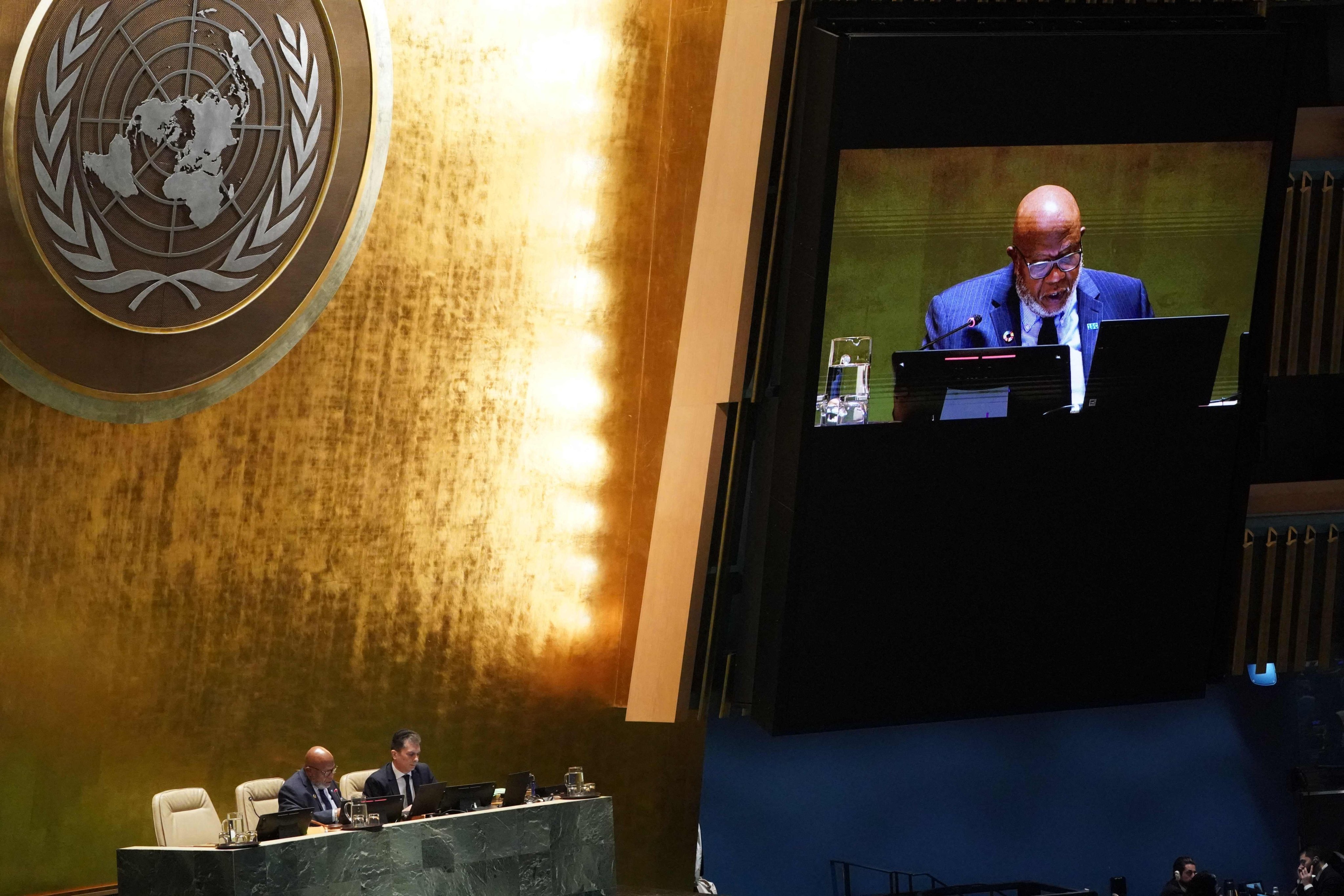 UN General Assembly President Dennis Francis reads the election results of new members to the Human Rights Council at UN headquarters on Tuesday. Photo: AFP