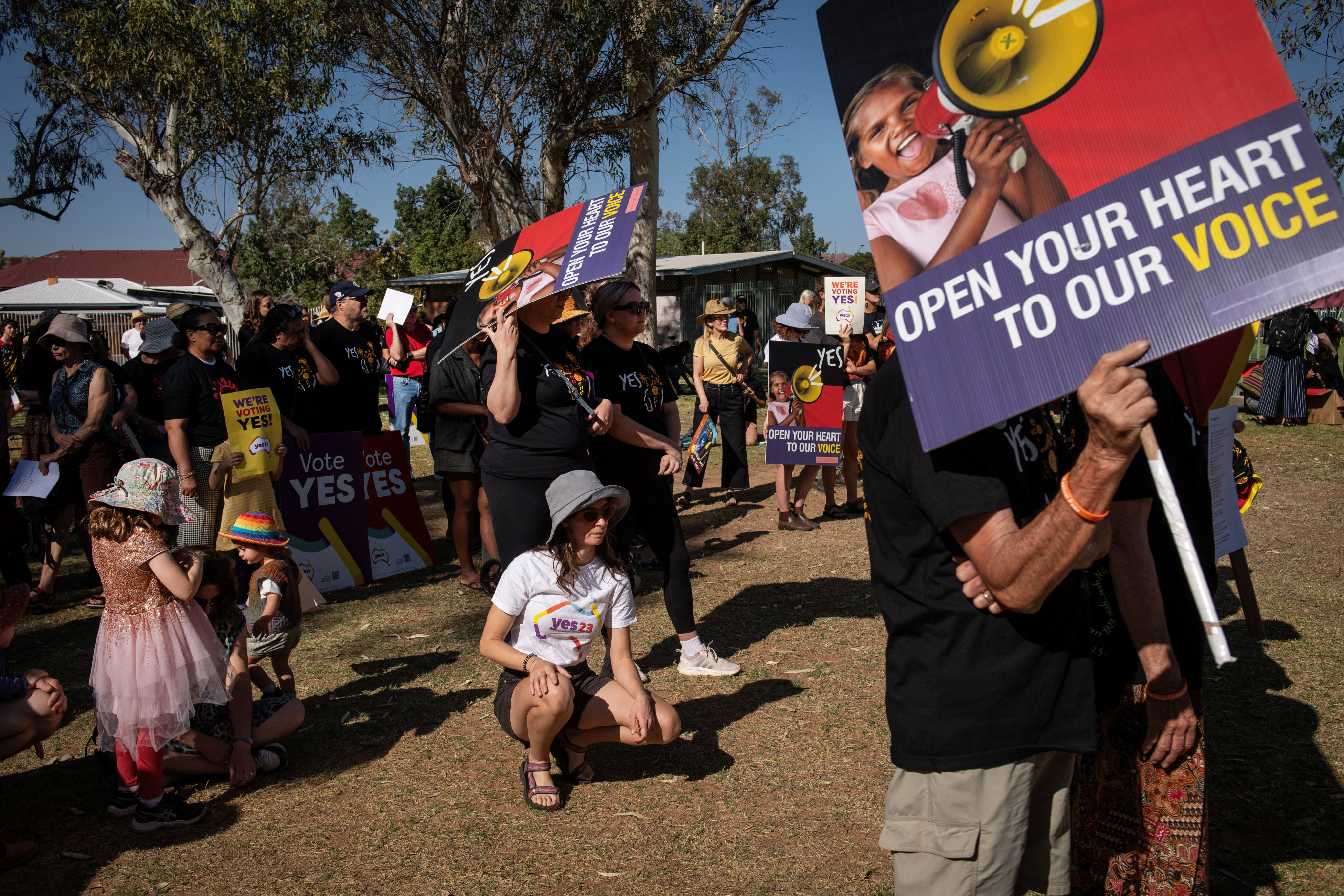 People rally for Australia’s upcoming referendum on Indigenous issues in Alice Springs. Photo: Reuters