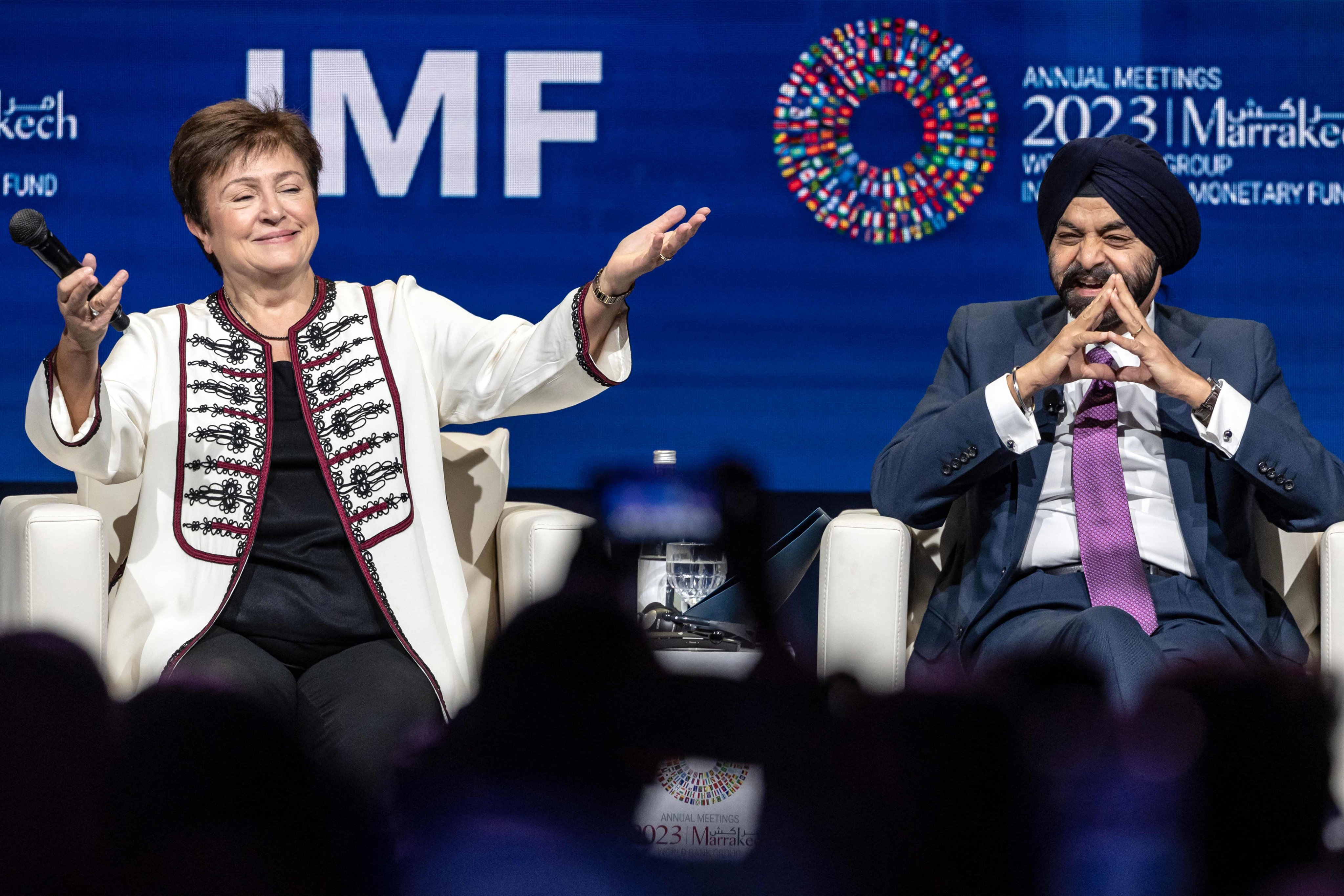 IMF managing director Kristalina Georgieva and World Bank president Ajay Banga hold a press conference during the IMF/World Bank annual meetings in Marrakesh, Morocco, on October 12. Unless radical reforms are taken, the IMF and World Bank could go the same way as the WTO. Photo: AFP