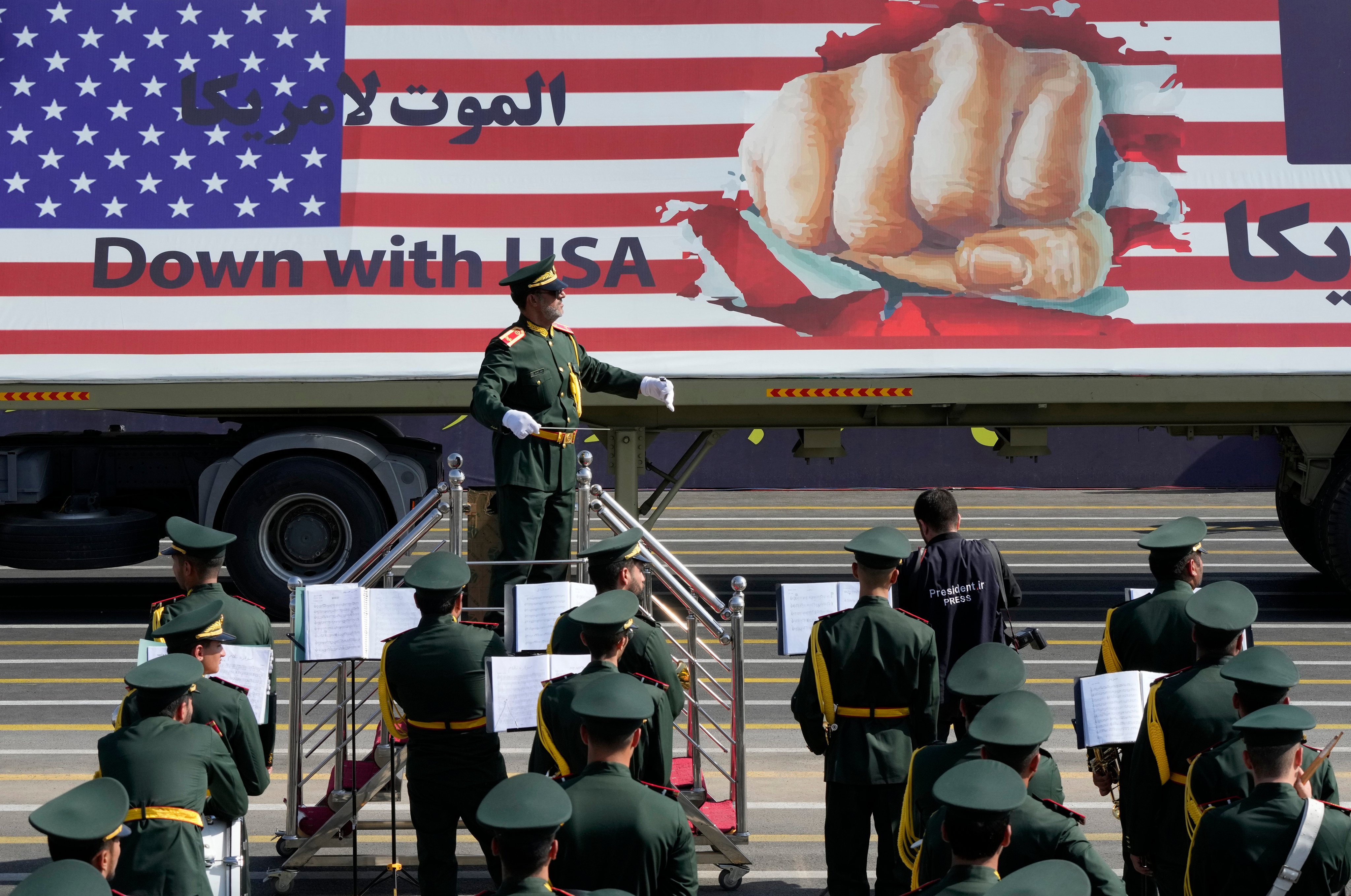 An anti-US banner at an Iranian military parade just outside Tehran last month. Photo: AP