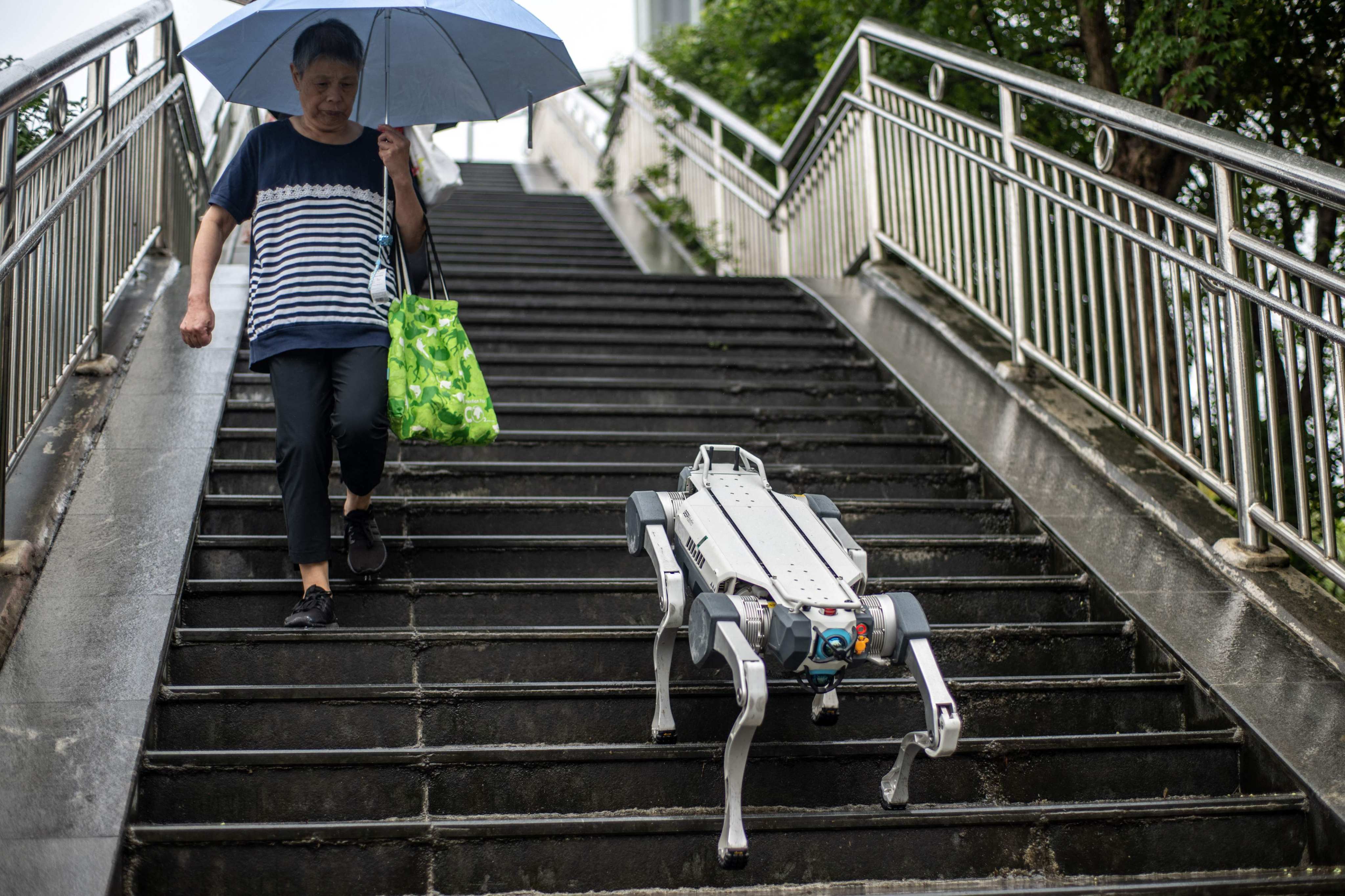 A robot dog from Hangzhou’s DEEP Robotics travelling down the steps of a pedestrian walkway in Zhejiang city on September 22. From autonomous bug zappers to android pianists and driverless ice cream trucks, machines rule the world, at least at China’s Asian Games. Photo: AFP