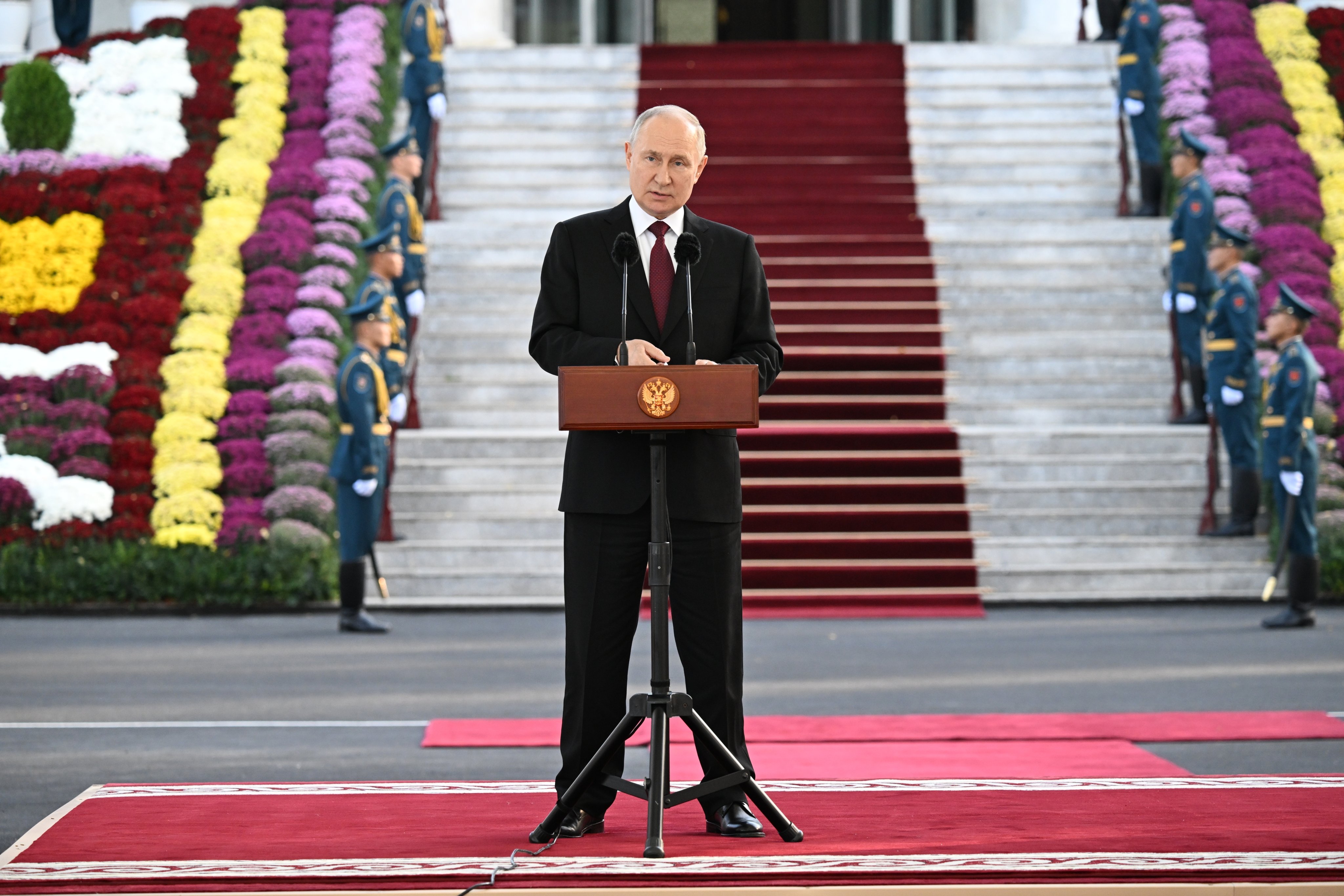 Russian President Vladimir Putin speaks in Kyrgyzstan, in his first foreign visit since the International Criminal Court issued an arrest warrant for him. Photo: via AP