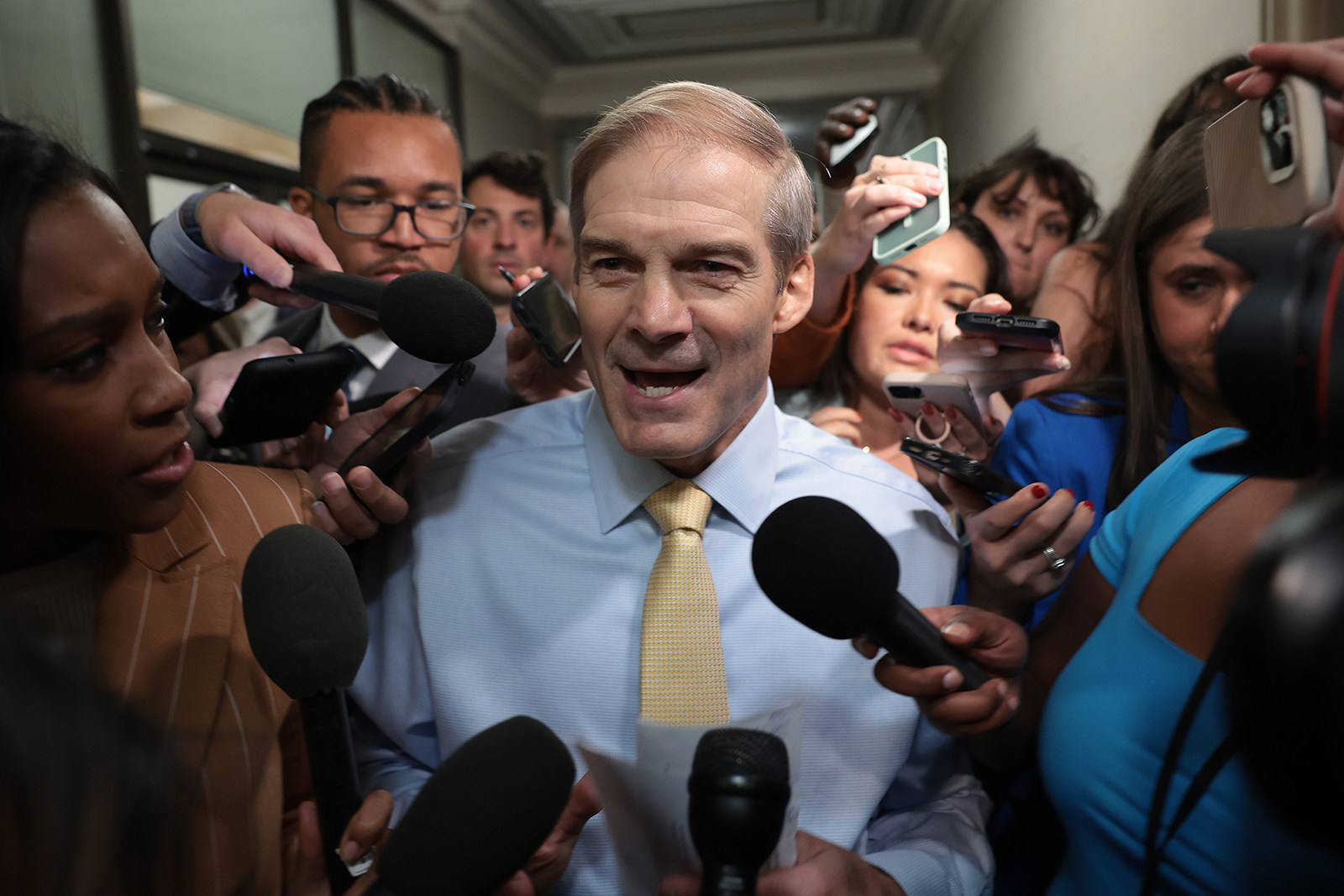 US congressman Jim Jordan speaks to reporters as House Republicans hold a caucus meeting in Washington on Friday. Photo: TNS
