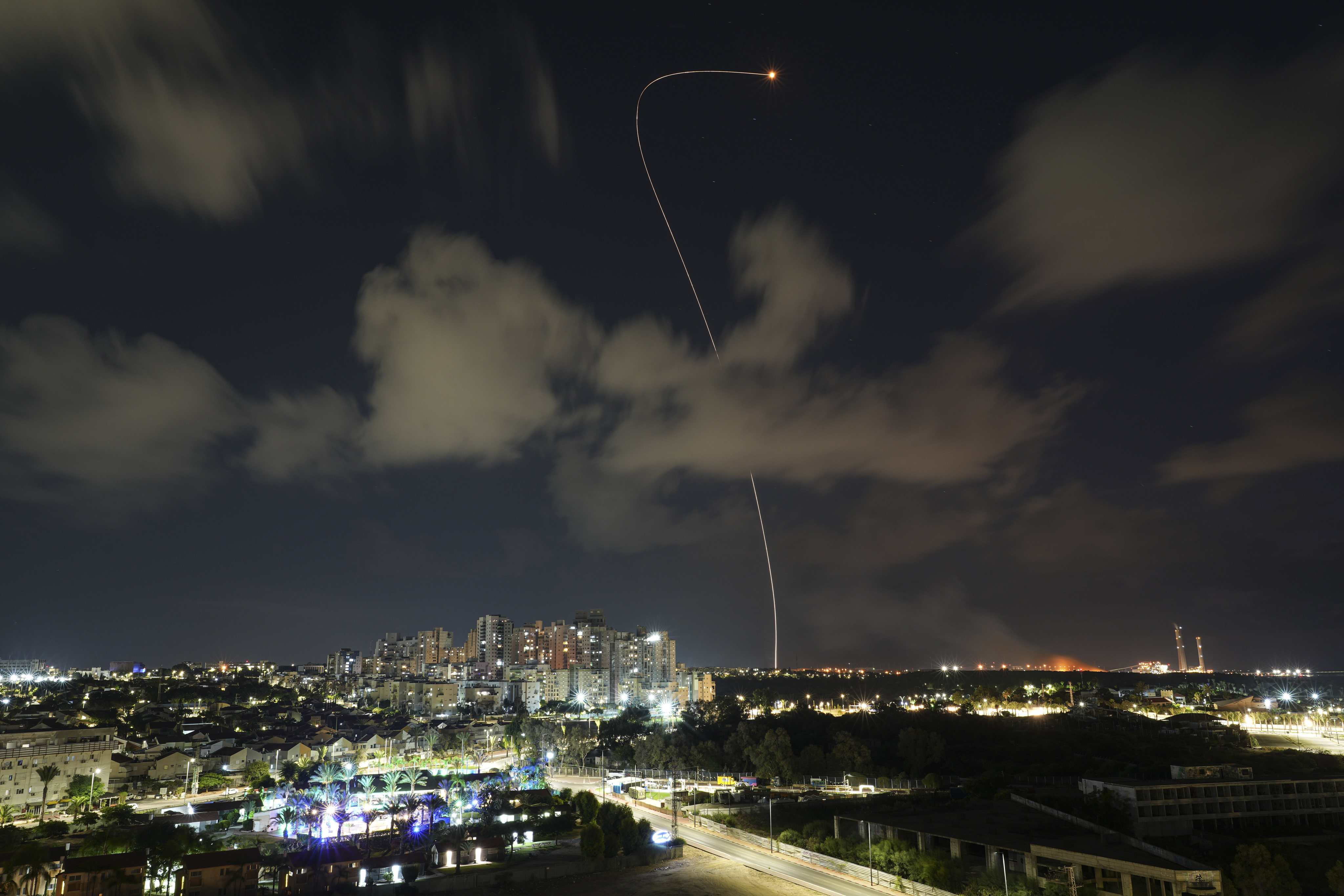 Israel’s Iron Dome air defence system fires to intercept a rocket fired from the Gaza Strip in Ashkelon, Israel, on Friday. Photo: AP