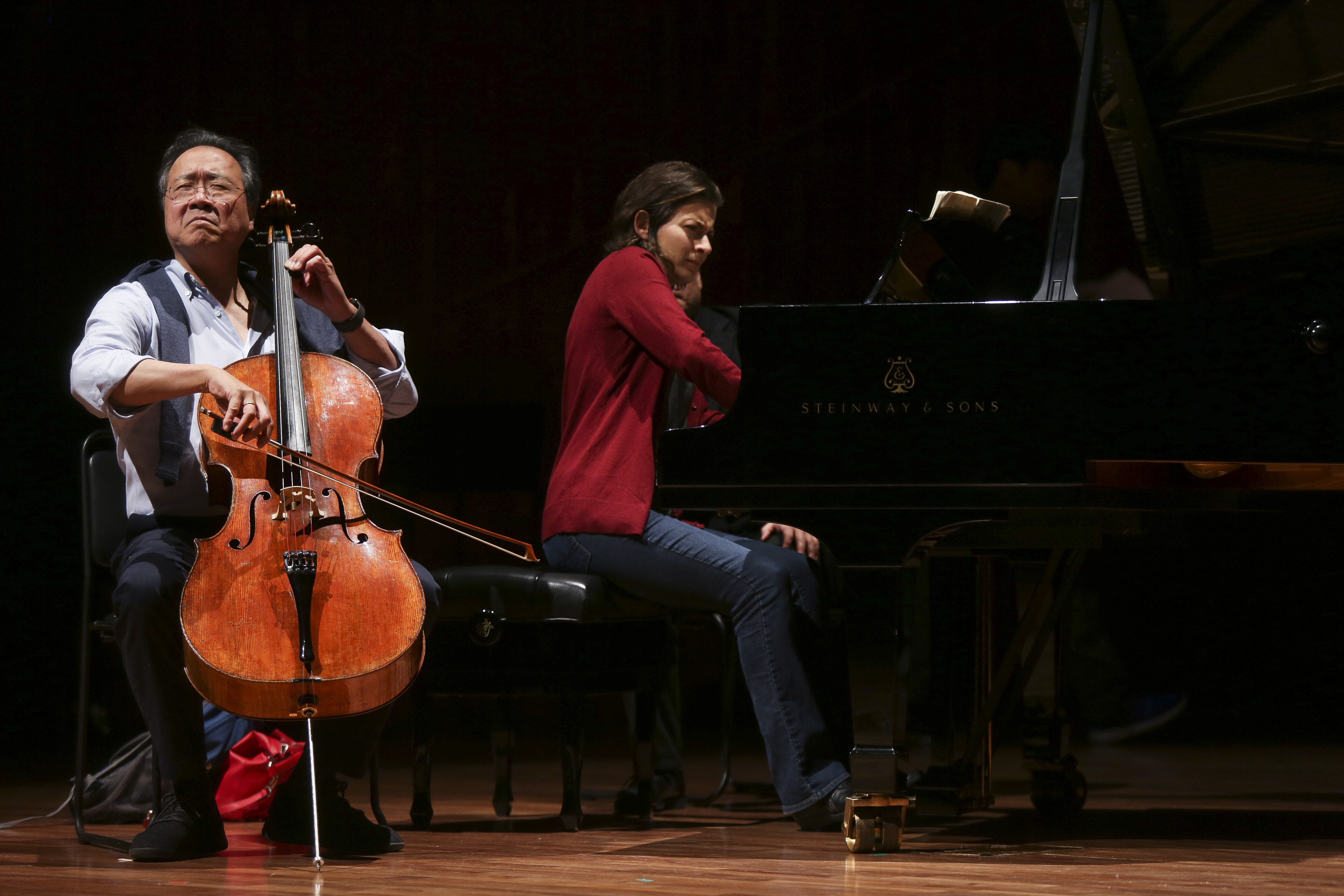 Yo-Yo Ma (left) rehearses at the Xinghai Concert Hall in Guangzhou, China, in 2018. Photo: Xiaomei Chen