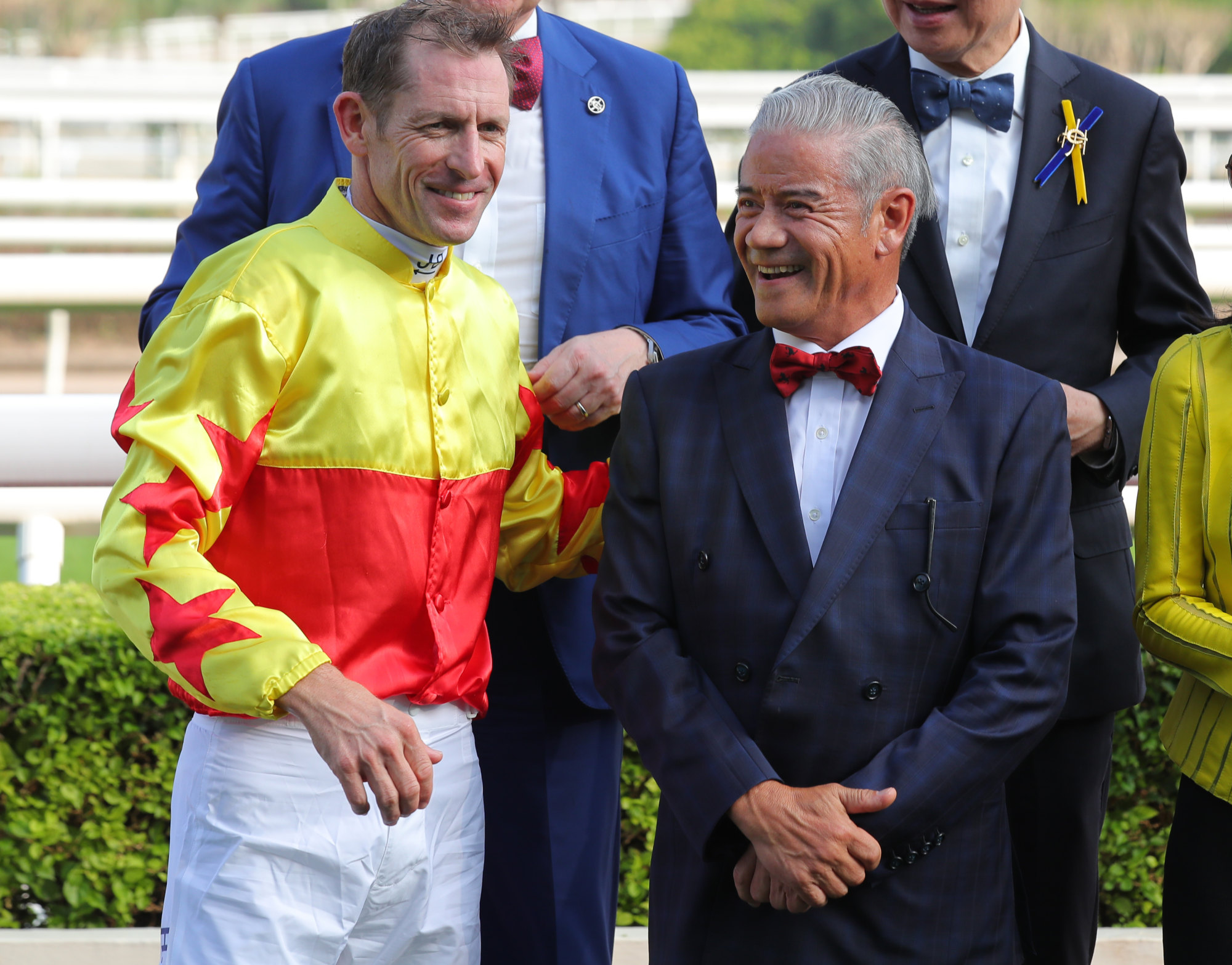 Hugh Bowman and Tony Cruz attend the trophy presentation following California Spangle’s Sha Tin Trophy success.