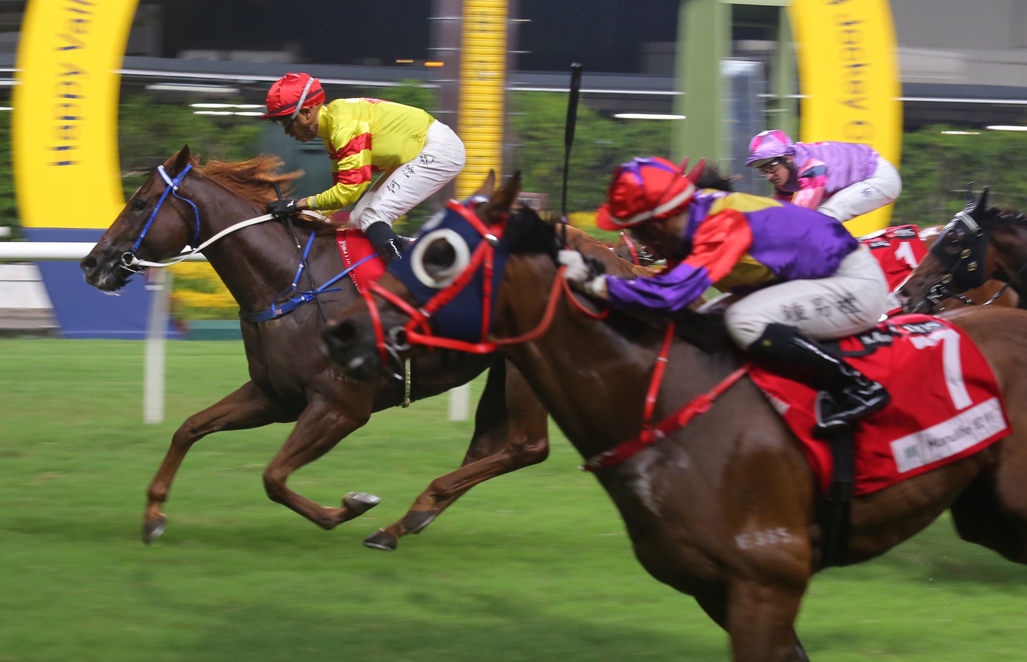 Capital Delight (yellow) ties with Lucky Archangel (purple) for first place at Happy Valley on October 4.