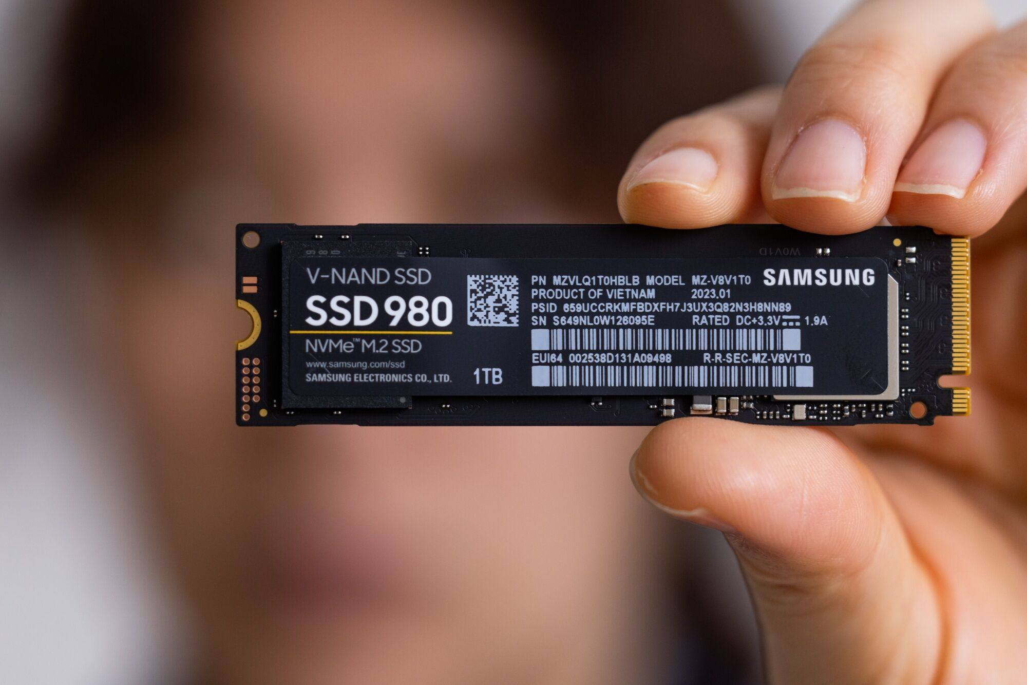 A Samsung Electronics 1 terabyte Solid State Drives (SSD) arranged for a photograph in Seoul on April 5, 2023. Photo: Bloomberg