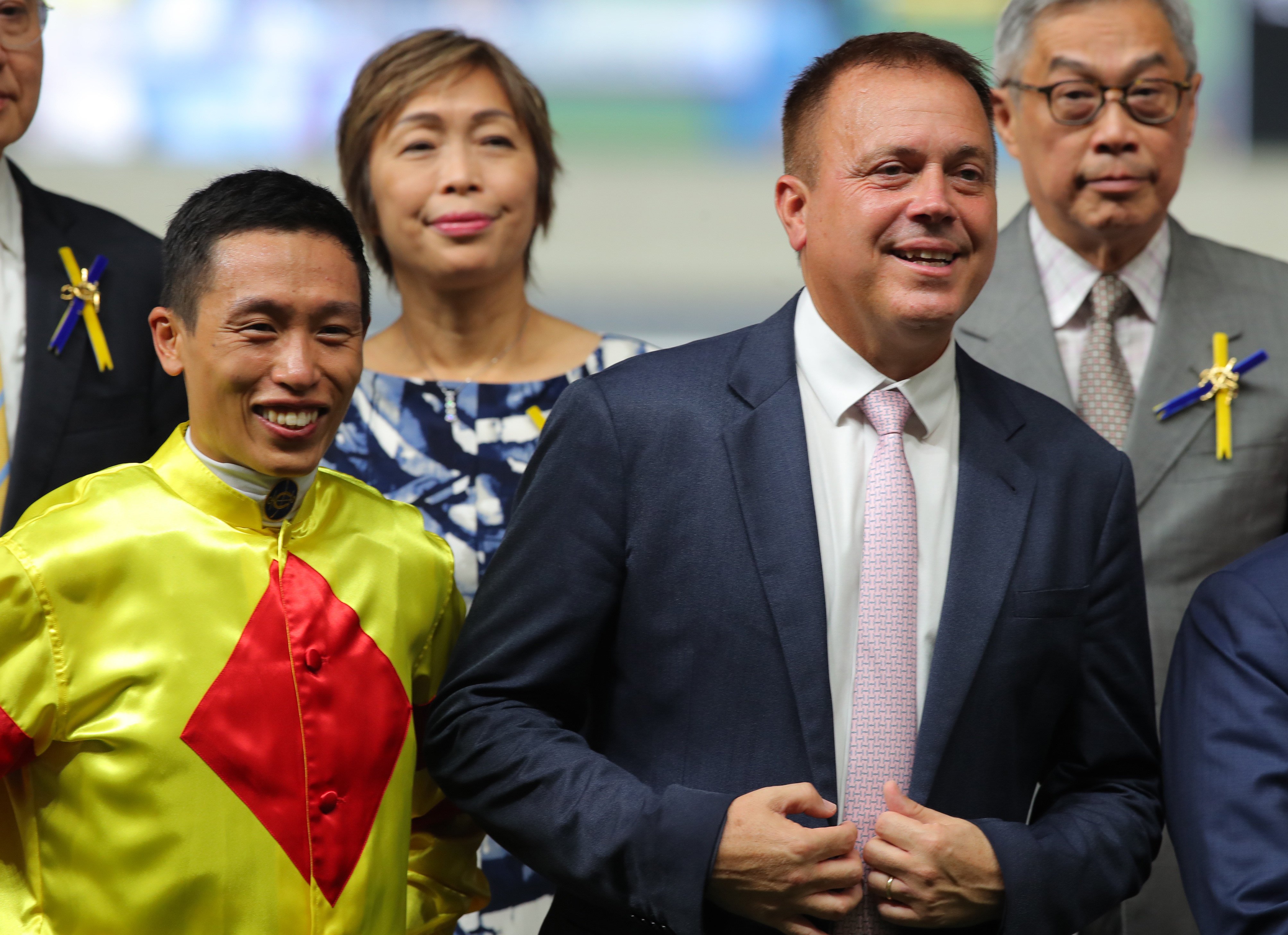 Vincent Ho (left) and Caspar Fownes at the trophy presentation following Capital Delight’s dead heat with Lucky Archangel at Happy Valley on October 4. Photos: Kenneth Chan