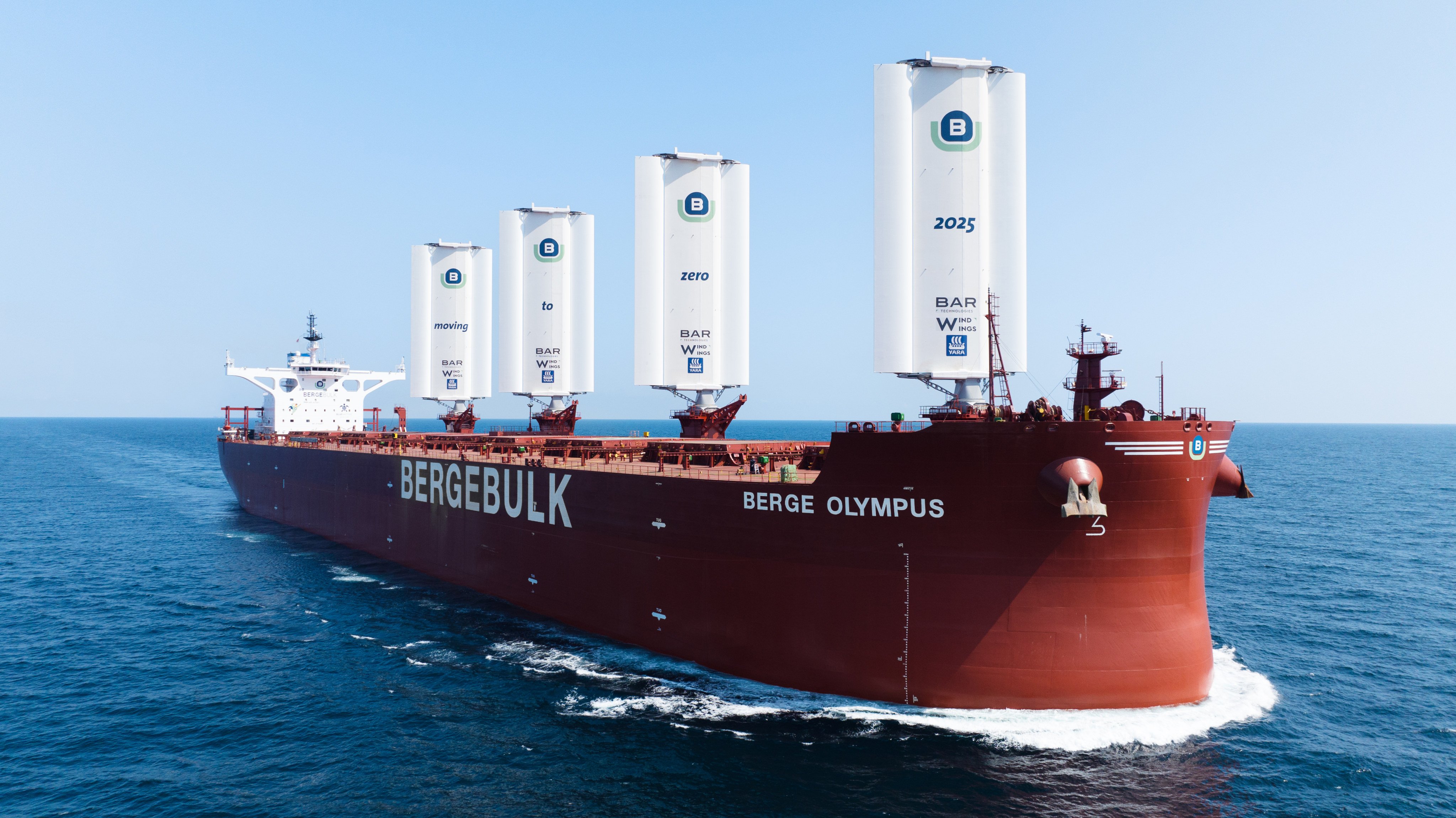 The Berge Olympus, a dry bulk vessel, has been retrofitted with wind-assisted propulsion equipment for reducing carbon emissions. Photo: Handout