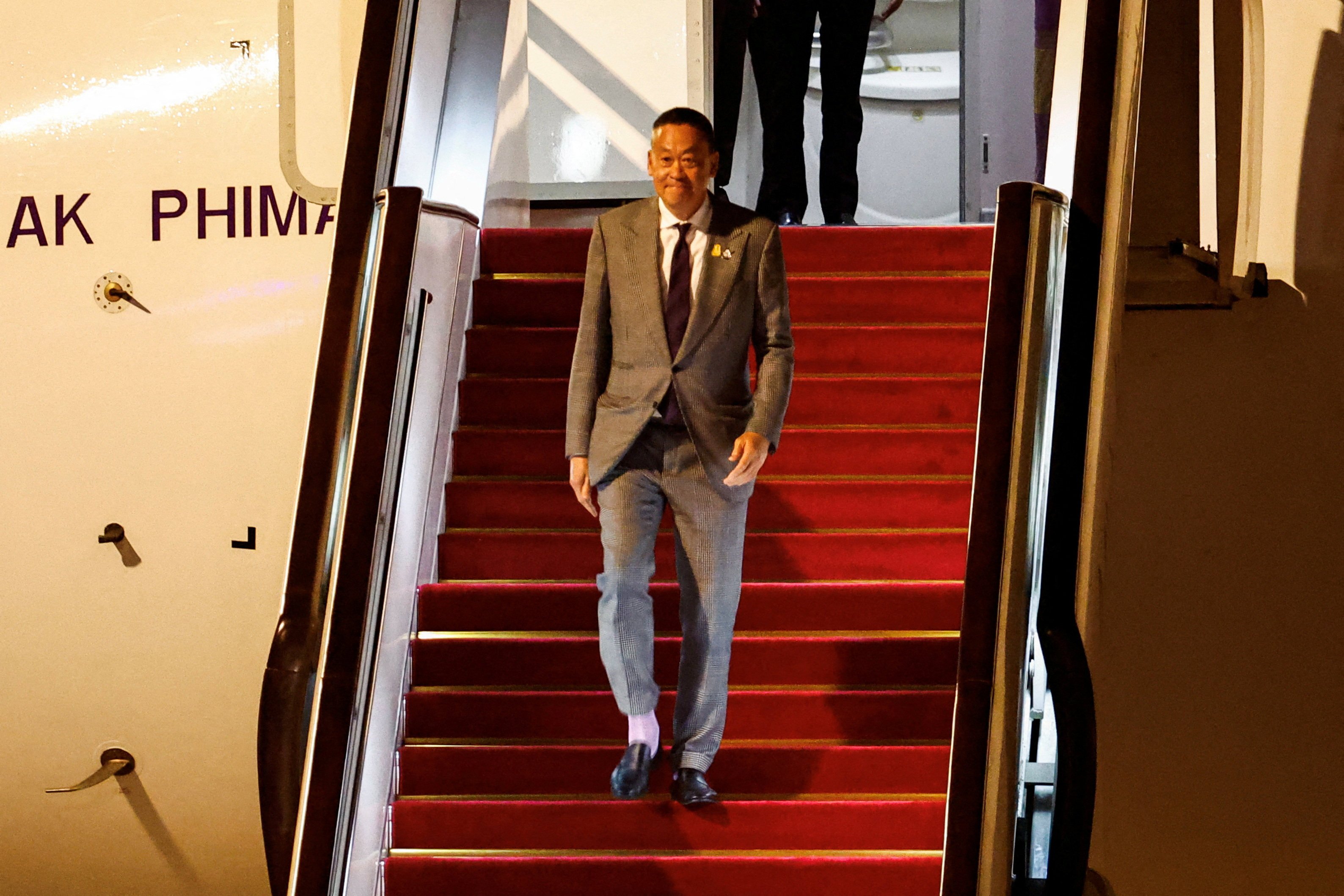 Thailand’s Prime Minister Srettha Thavisin arrives at Beijing Capital International Airport to attend the Third Belt and Road Forum in China on Monday. Photo: Reuters/Pool