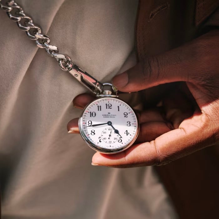 When everyone has a smartphone anyway, why not make your watch a real conversation starter? From vintage gangster movies to the #pocketwatch TikTok trend, nothing quite says suave like a dial on a chain, as evidenced in this Hamilton model. Photo: Handout