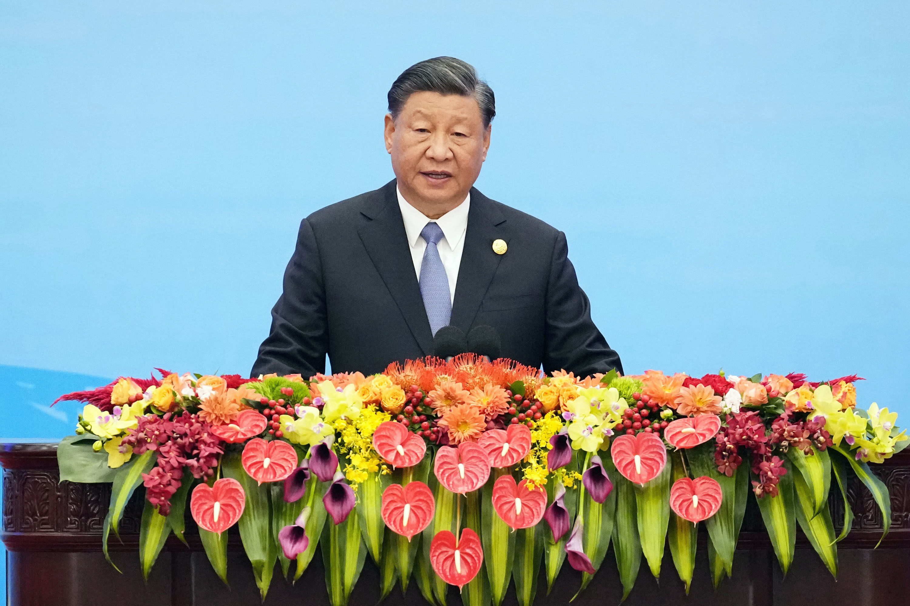 Chinese President Xi Jinping speaking at the belt and road forum on Wednesday. Photo: Kyodo