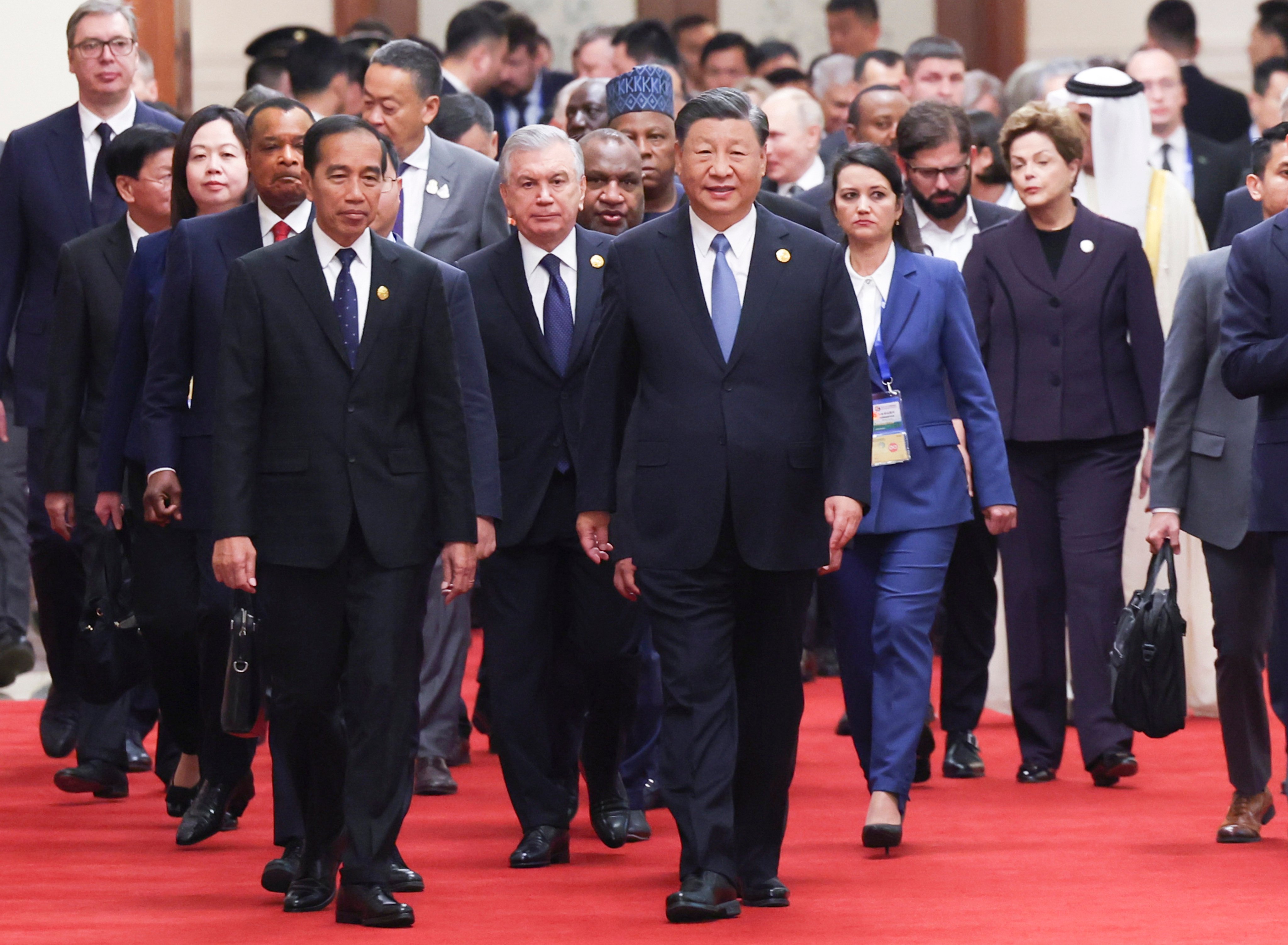 Chinese President Xi Jinping, with Indonesian President Joko Widodo and other leaders attending the Belt and Road Forum, at the Great Hall of the People in Beijing, on October 18. Photo: Xinhua