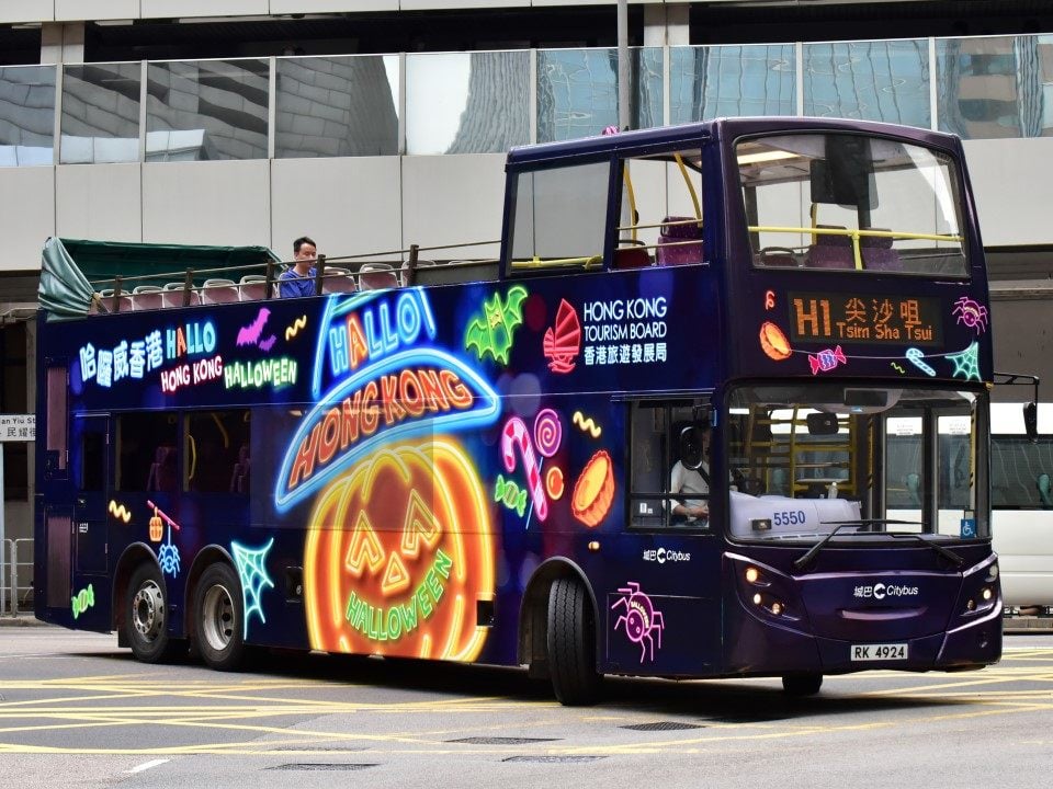 “Hallo Hong Kong” posters advertising the tourist board’s 2023 Halloween campaign are seen on a sightseeing bus in the city. We hope they don’t give motorists too much of a scare. Photo: Discover Hong Kong