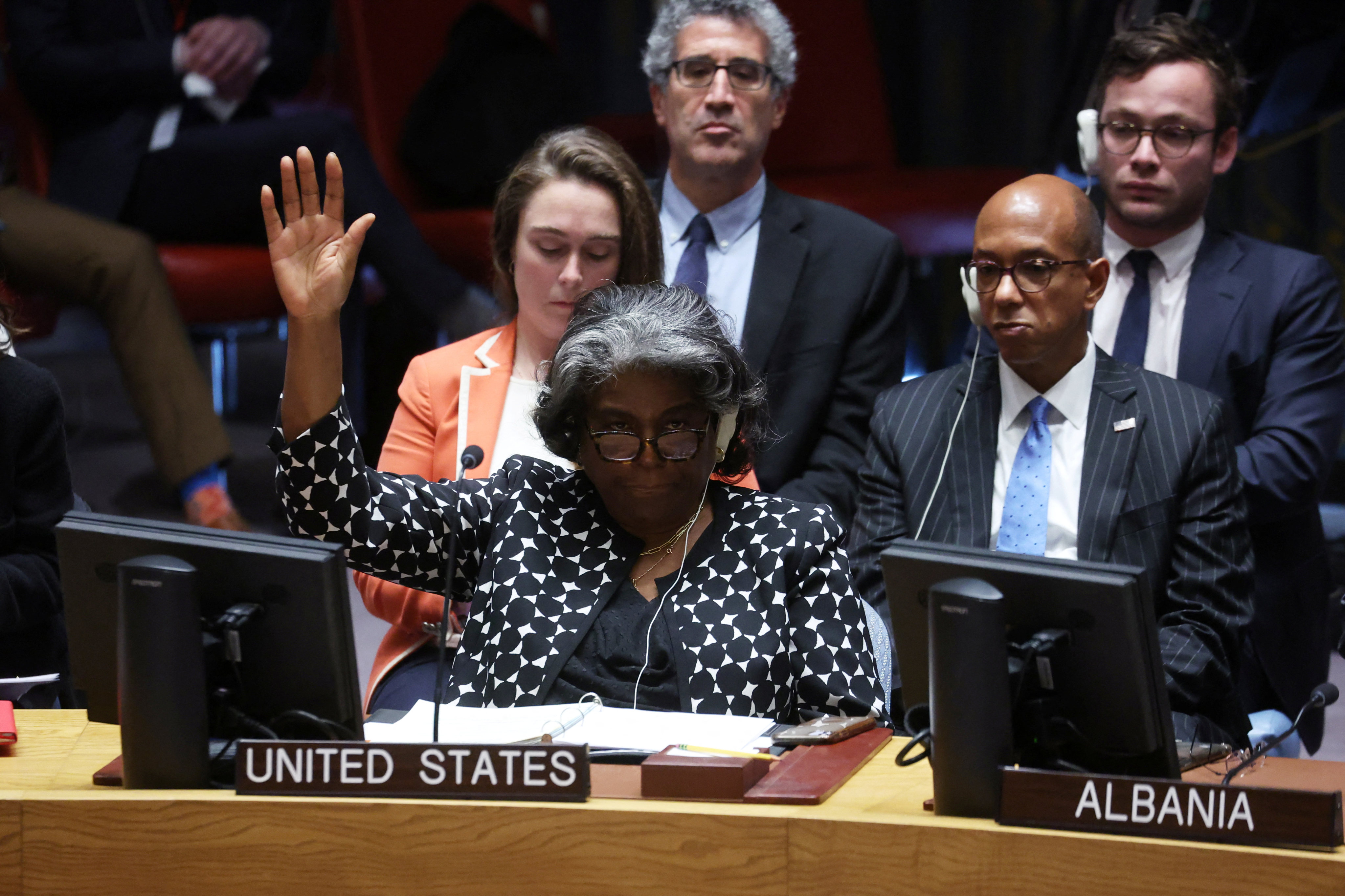 US Ambassador to the United Nations Linda Thomas-Greenfield voting against a Brazil-sponsored resolution on the Israel-Hamas conflict during a United Nations Security Council meeting on Wednesday. Photo: Reuters