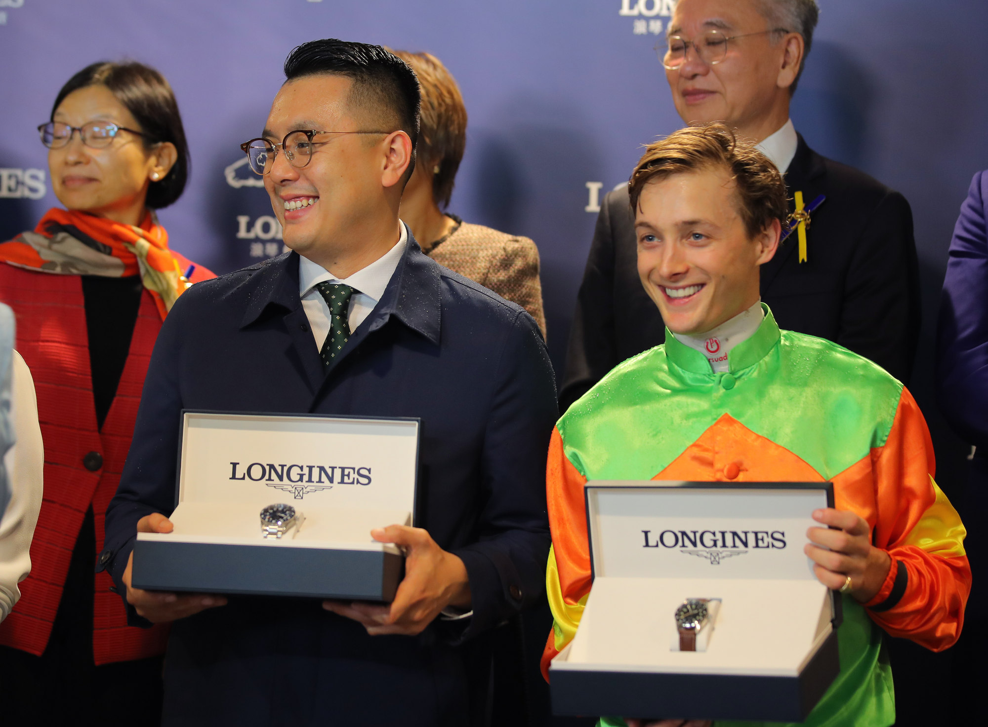 Pierre Ng and Harry Bentley celebrate Healthy Healthy’s win at Happy Valley on Wednesday.