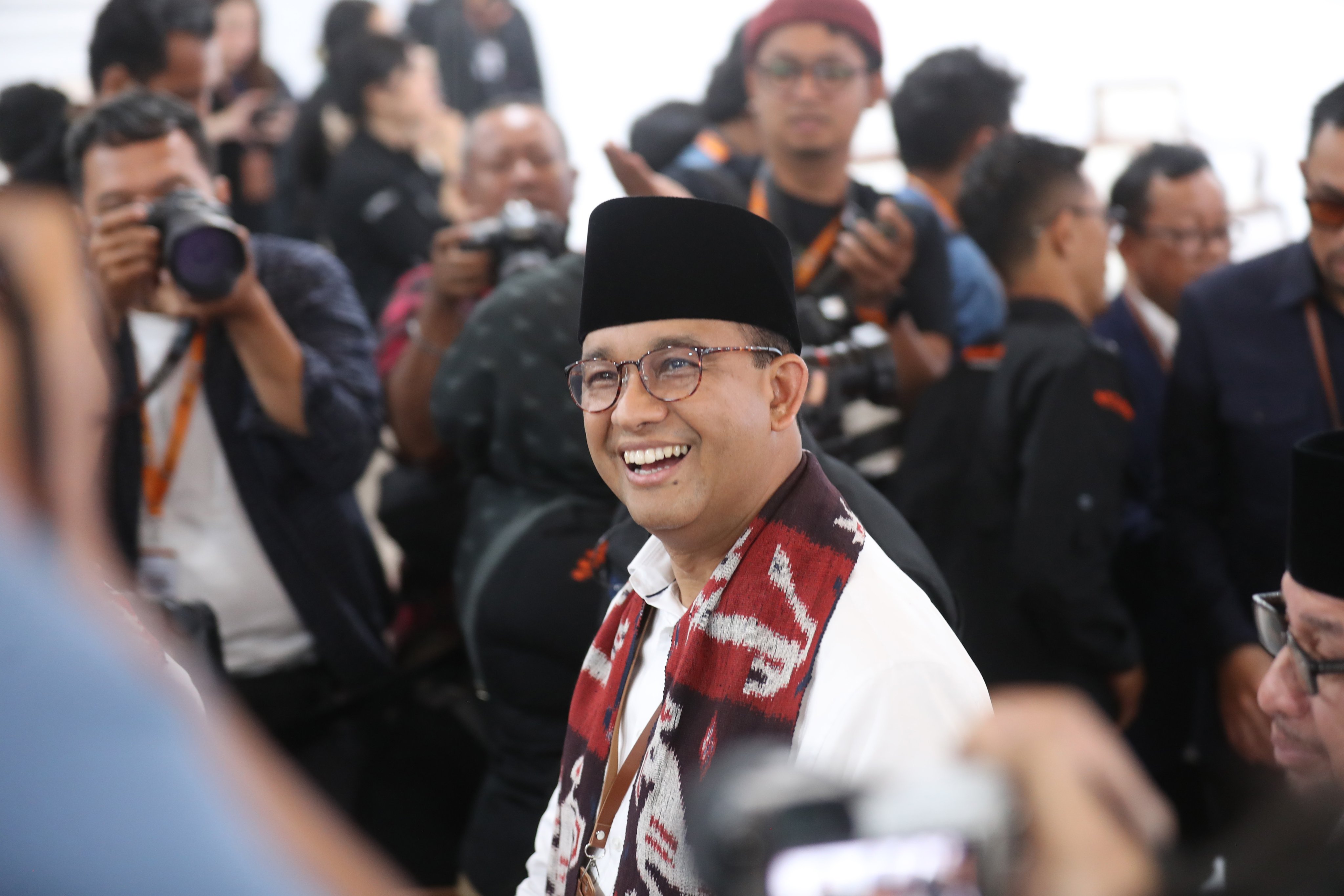 Indonesian presidential candidate Anies Baswedan registers for his candidacy at the election commission in Jakarta on Thursday. Photo: EPA-EFE