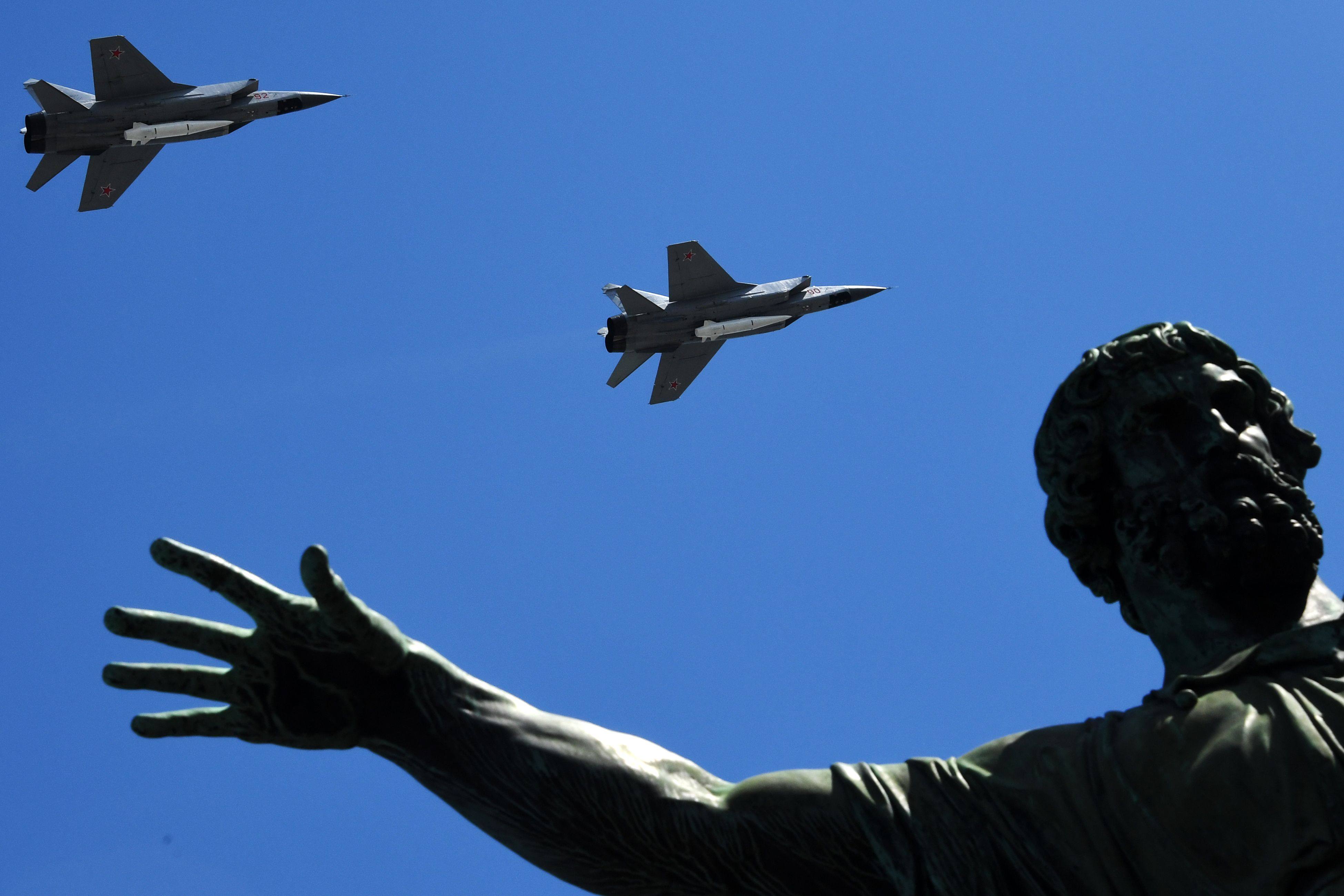 Russian MiG-31 planes carrying hypersonic Kinzhal missiles fly over Red Square during the Victory Day military parade in Moscow in May 2018. Photo: AFP
