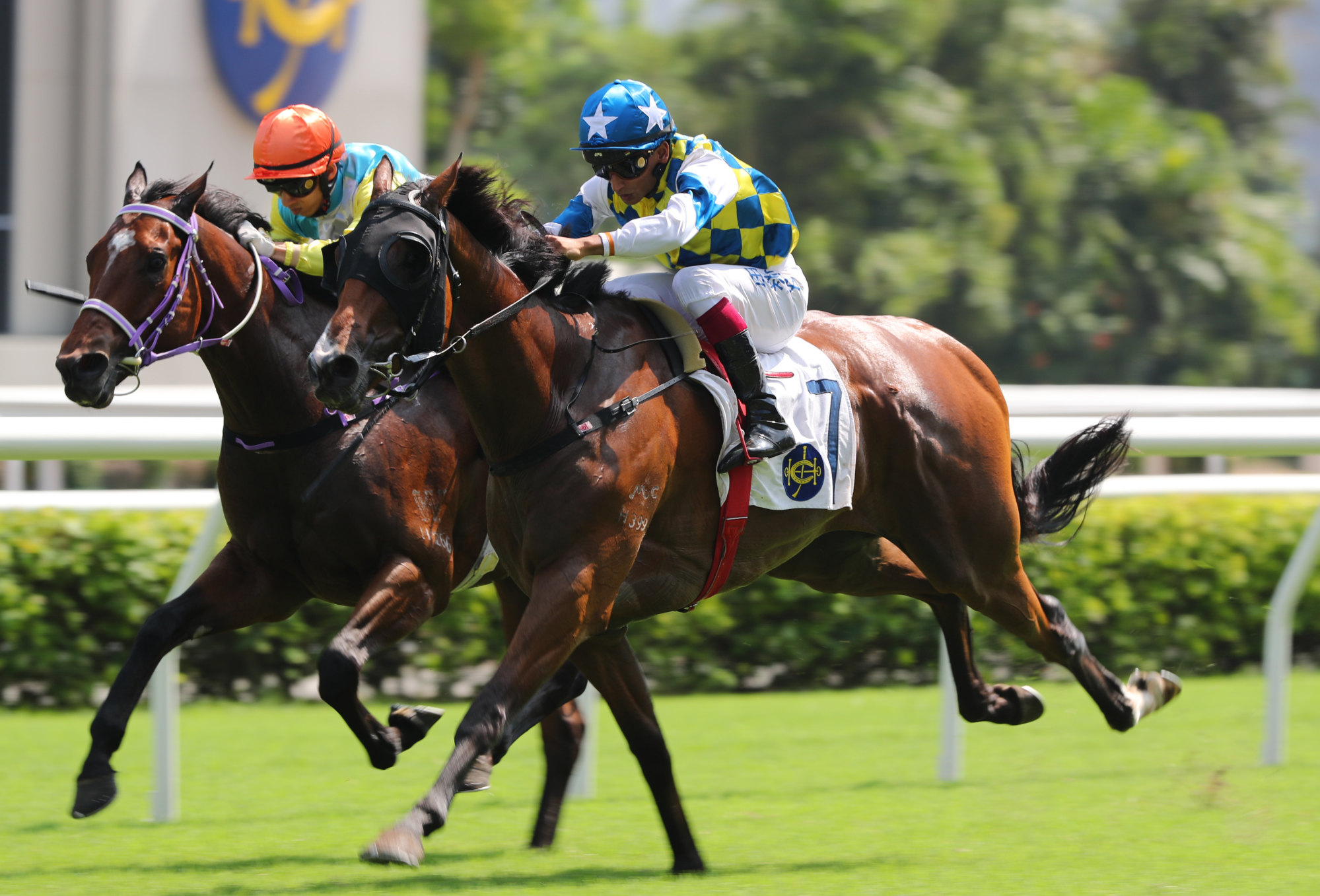 Galaxy Patch (right) gets the better of Northern Beaches over 1,200m at Sha Tin on October 1.