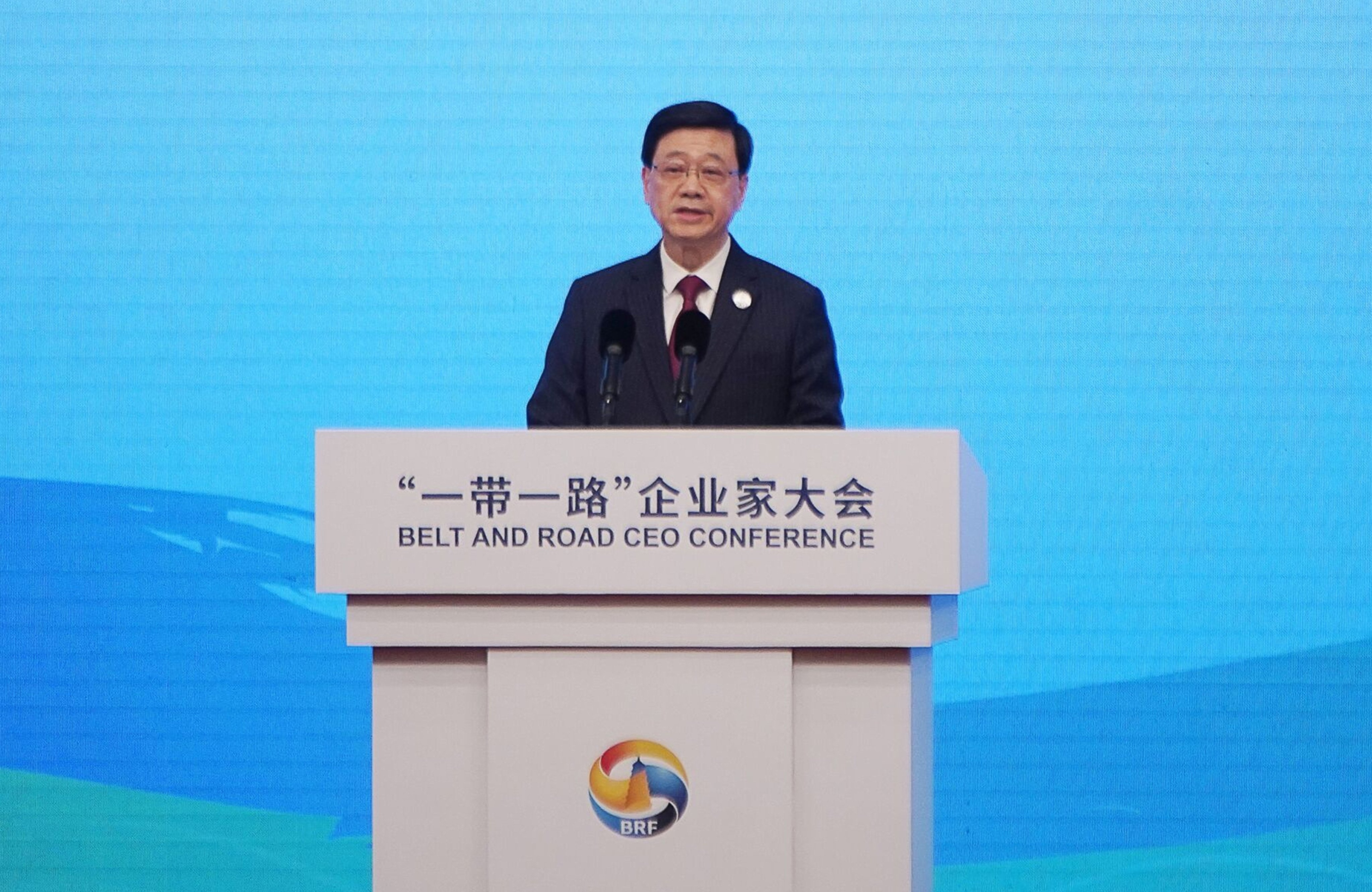 Hong Kong Chief Executive John Lee speaks at the Belt and Road CEO conference in Beijing on October 17. President Xi Jinping has called it the “project of the century”. Photo: Bloomberg