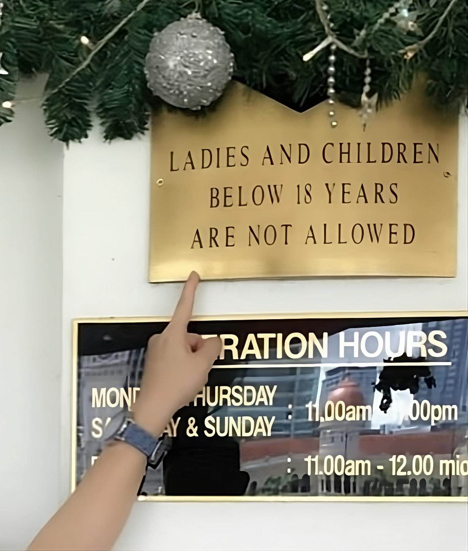 The sign on the Royal Selangor Club’s Long Bar prohibiting women and children. The ban was repealed after 139 years by a vote at an extraordinary general meeting in October 2023. Photo: Facebook/Anna Tan