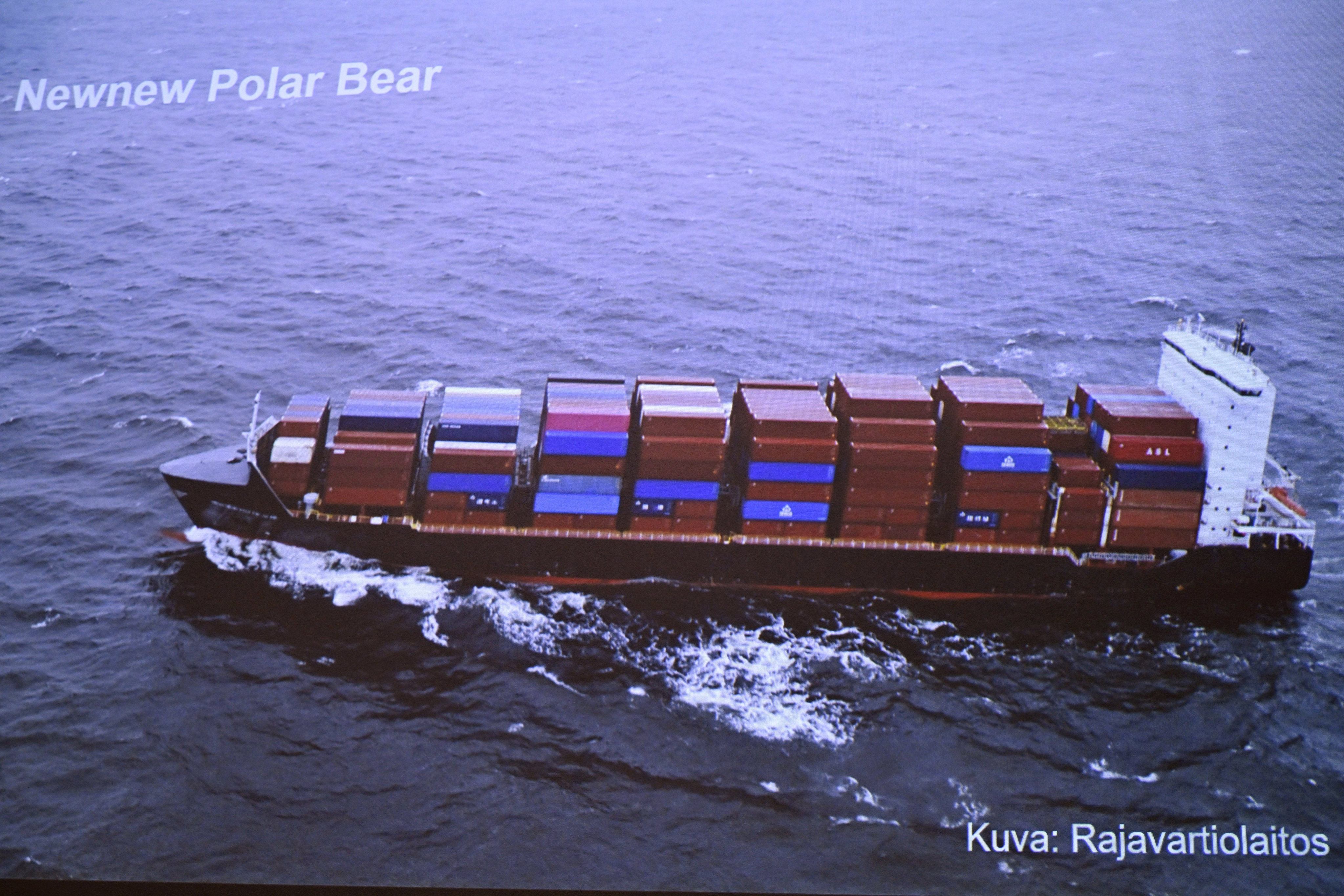 A Finnish Border Guard photo of cargo ship Newnew Polar Bear is shown during a press conference in Vantaa, Finland on Tuesday. Photo: Lehtikuva via Reuters