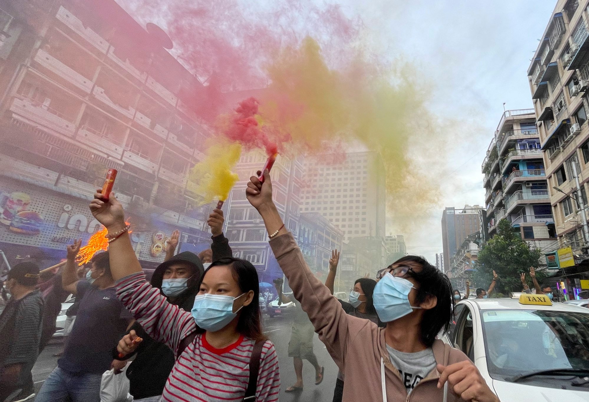 Demonstrators holding an anti-military coup protest in Yangon, Myanmar, on June 26, 2021. Photo: EPA-EFE