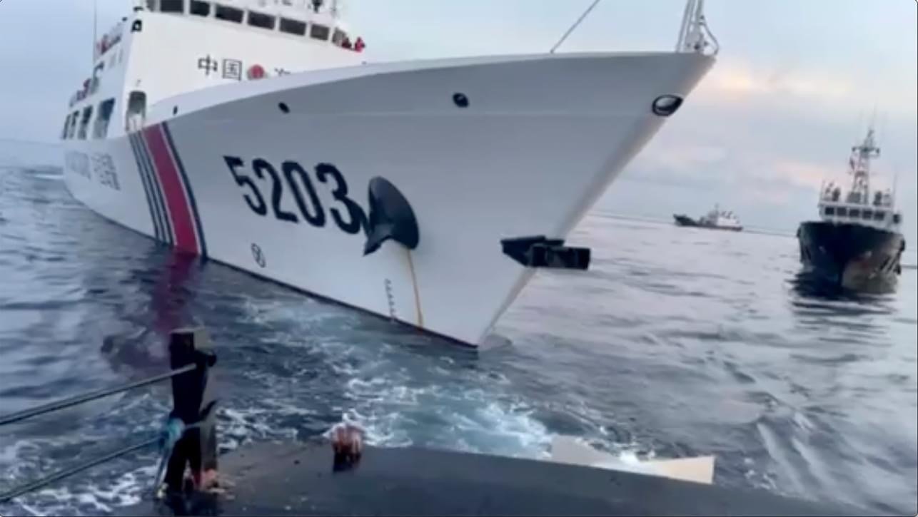 A Chinese coastguard ship after bumping a Philippine supply boat as it approaches Second Thomas Shoal at the disputed South China Sea last Sunday. Photo: EPA-EFE