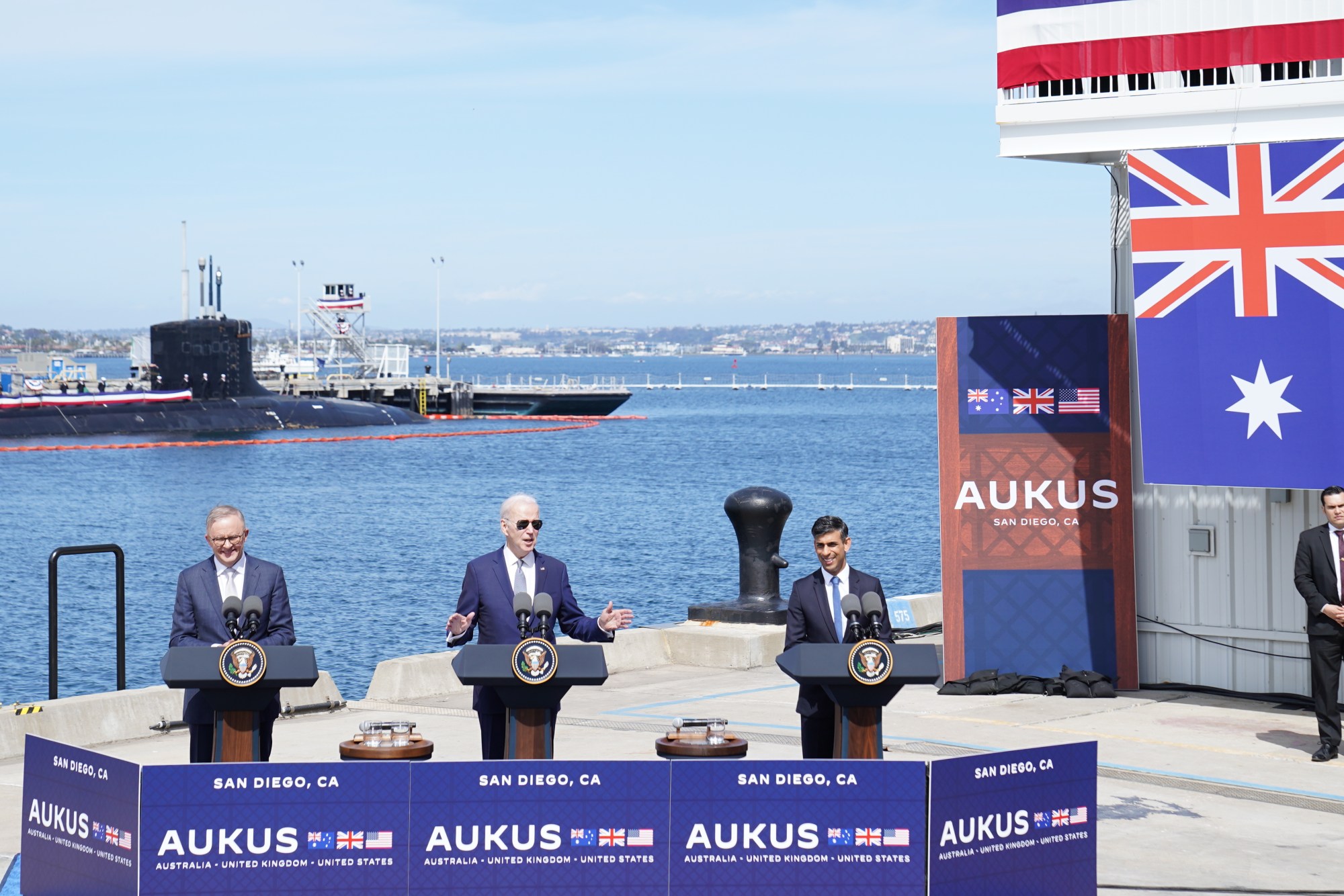 From left, Albanese, Biden and British Prime Minister Rishi Sunak following a March 13 meeting at Point Loma naval base in California to discuss the procurement of nuclear-powered submarines as part of Aukus. Photo: PA Wire/dpa