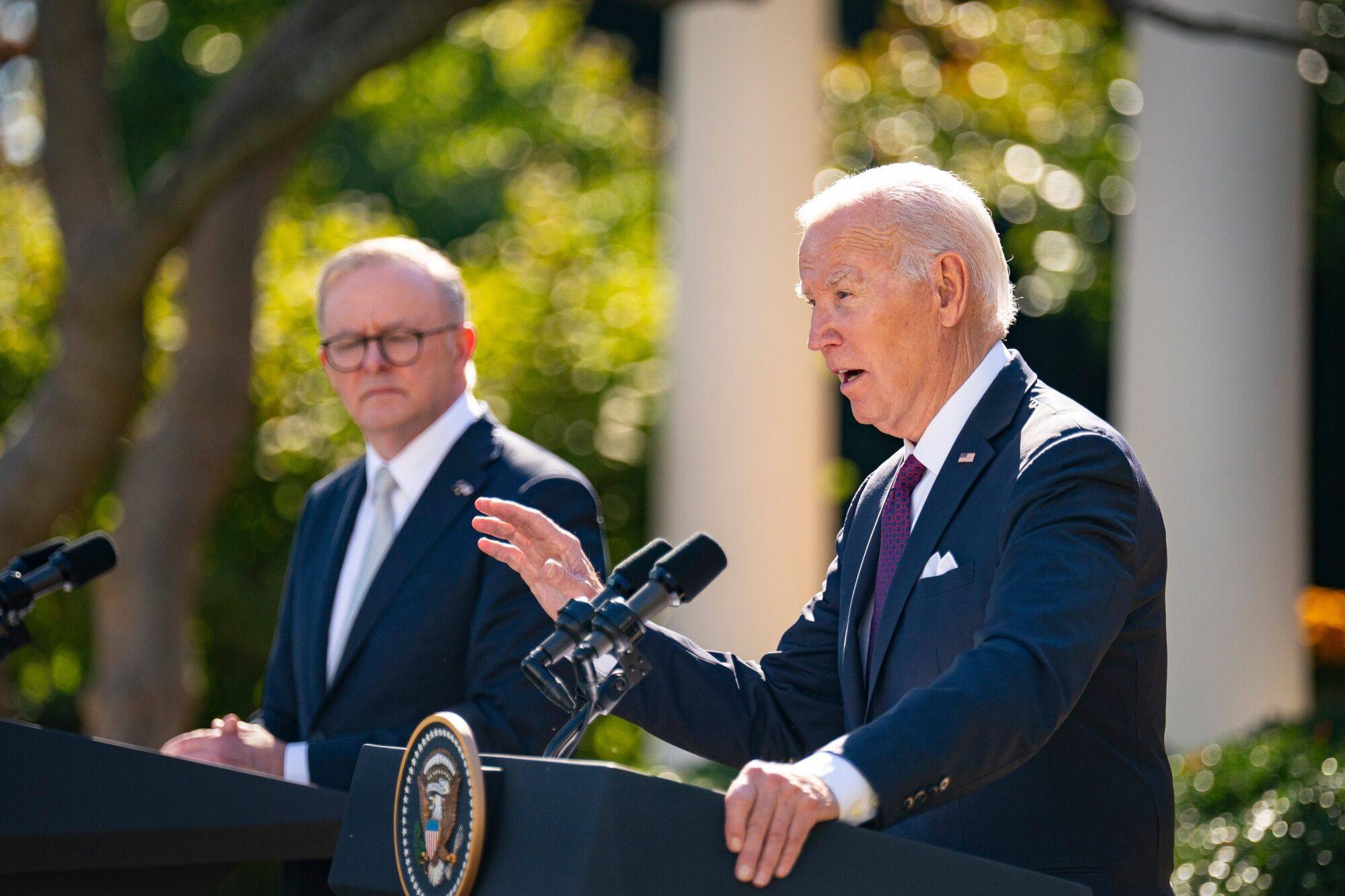 US President Joe Biden (right) speaking at his  joint news conference with Australian Prime Minister Anthony Albanese on Wednesday at the White House. Photo: Bloomberg