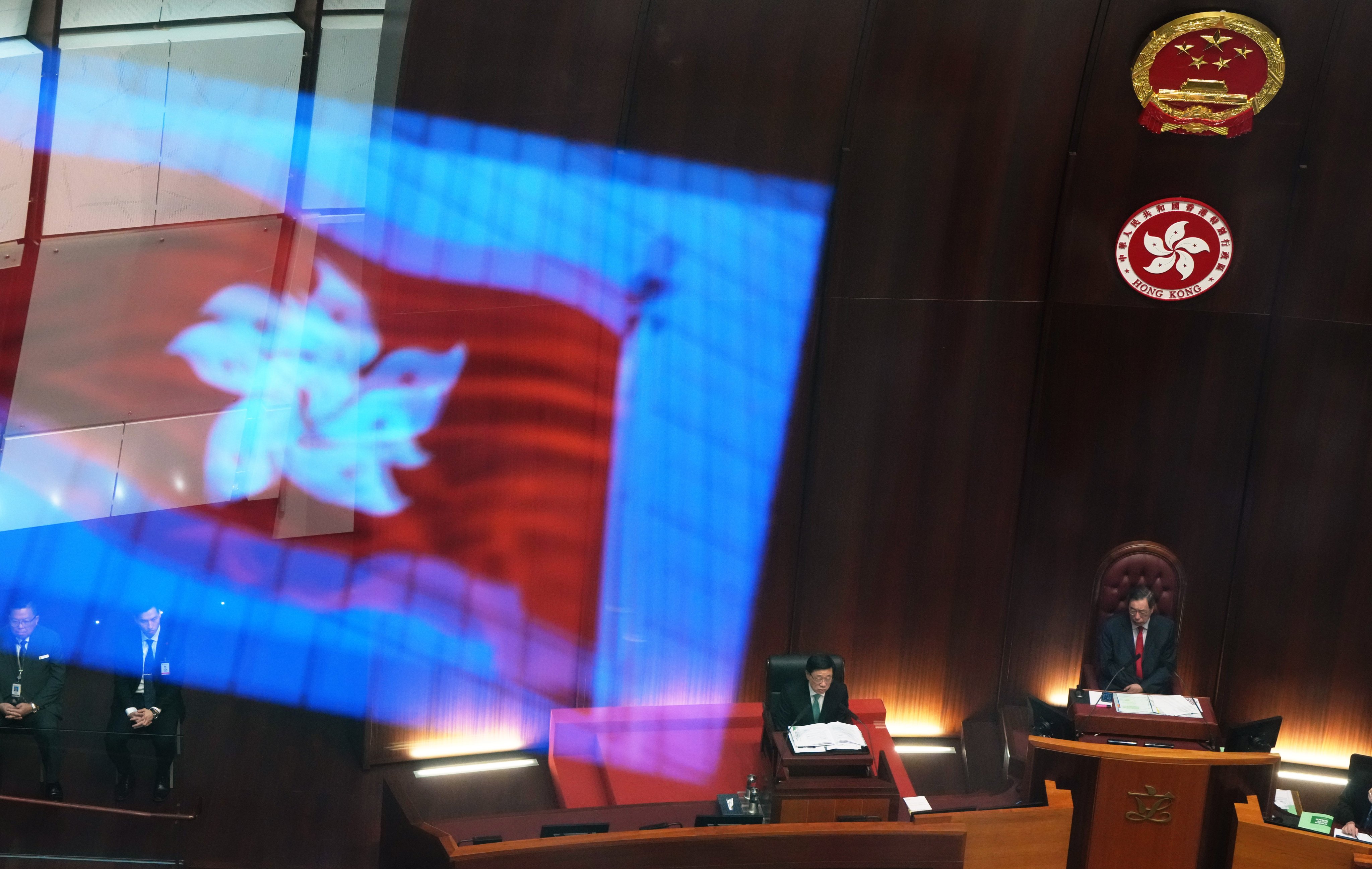 Chief Executive John Lee (left) attends the Question and Answer session at Hong Kong’s Legislative Council chambers, a day after delivering his policy address, as Legco president Andrew Leung listens, on October 26. Photo: Sam Tsang