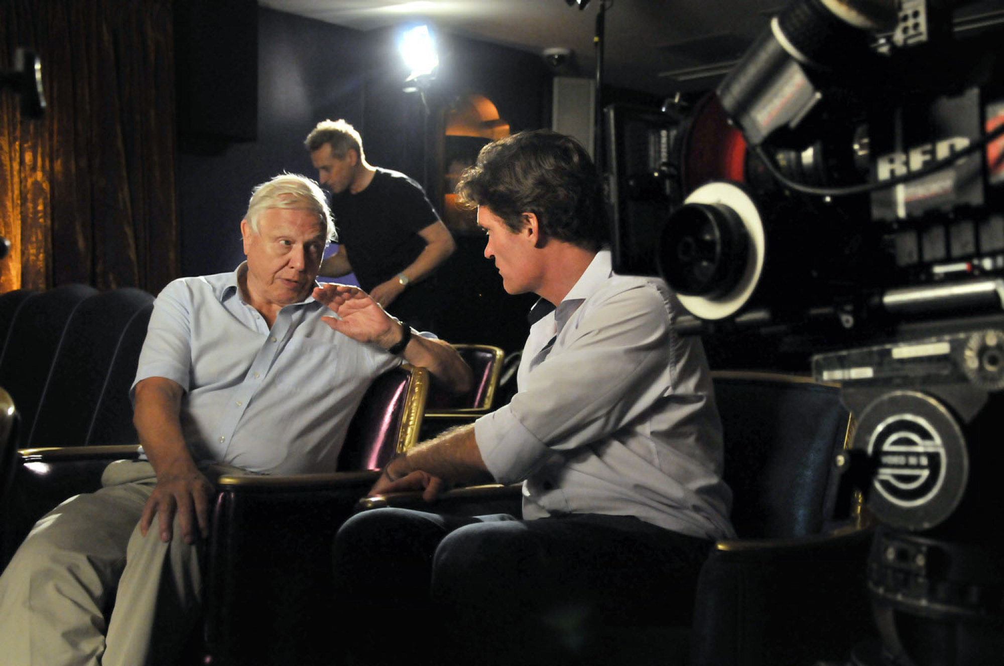 Leeson with David Attenborough during production for “A Plastic Ocean”. Photo: Craig Leeson