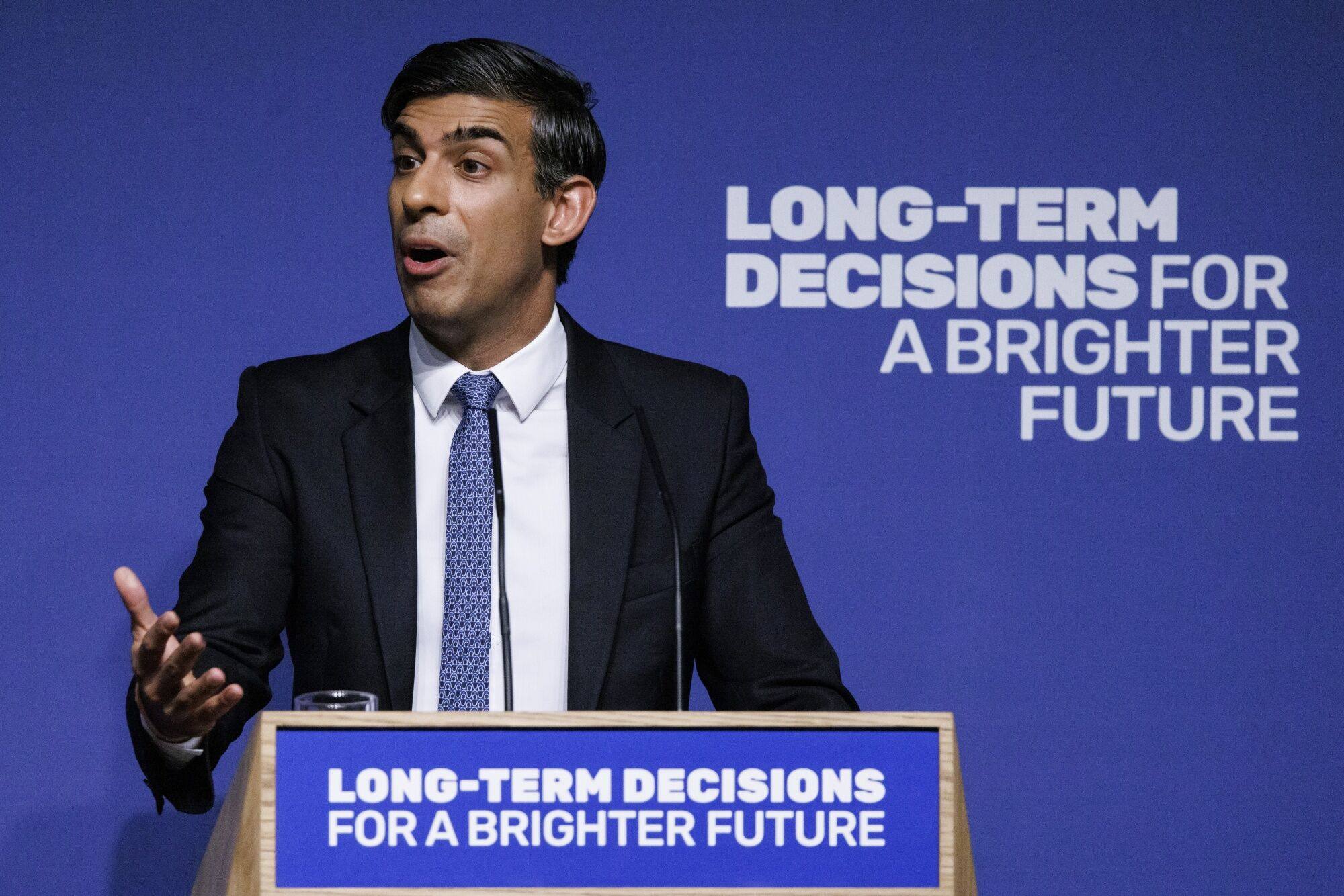 Britain’s Prime Minister Rishi Sunak delivers a speech on artificial intelligence in London on Thursday. Photo: EPA / Bloomberg