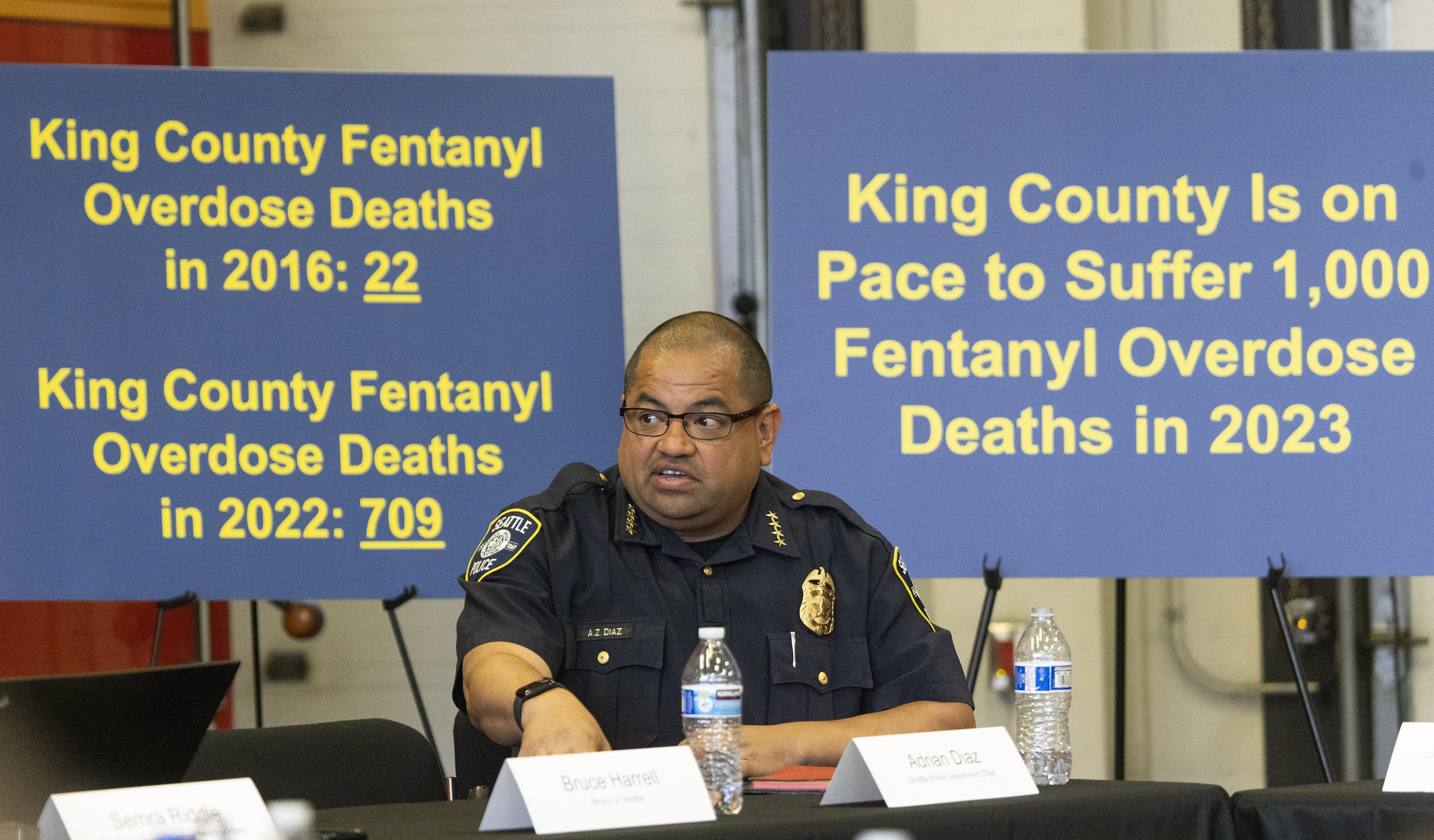 Seattle Police chief Adrian Diaz discusses the fentanyl crisis at a roundtable discussion in Washington on July 24, at the Seattle Fire Department station. Photo: The Seattle Times/TNS