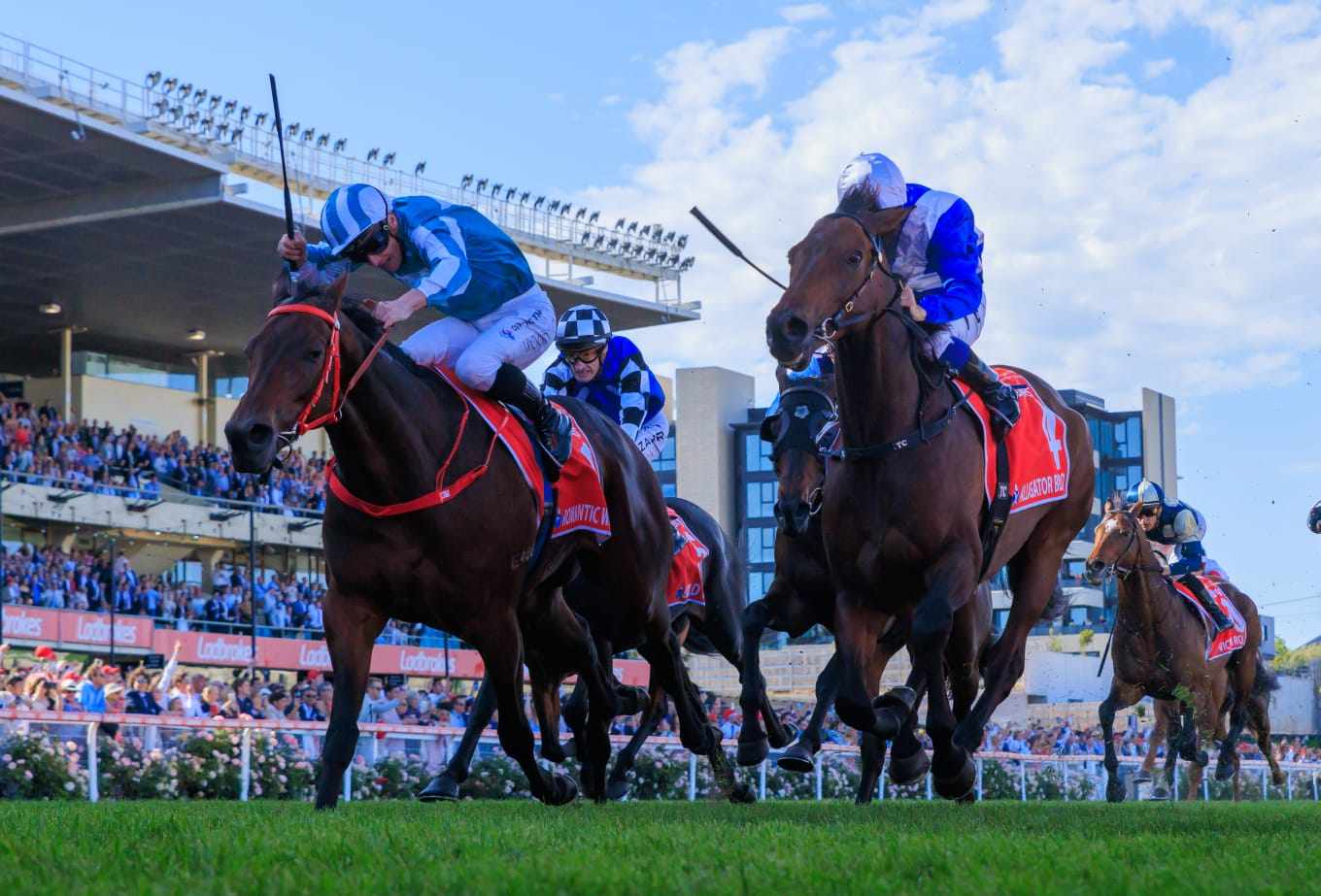 James McDonald urges Romantic Warrior (left) to victory in Saturday’s Group One Cox Plate (2,040m) at Moonee Valley. Photos: Kenneth Chan