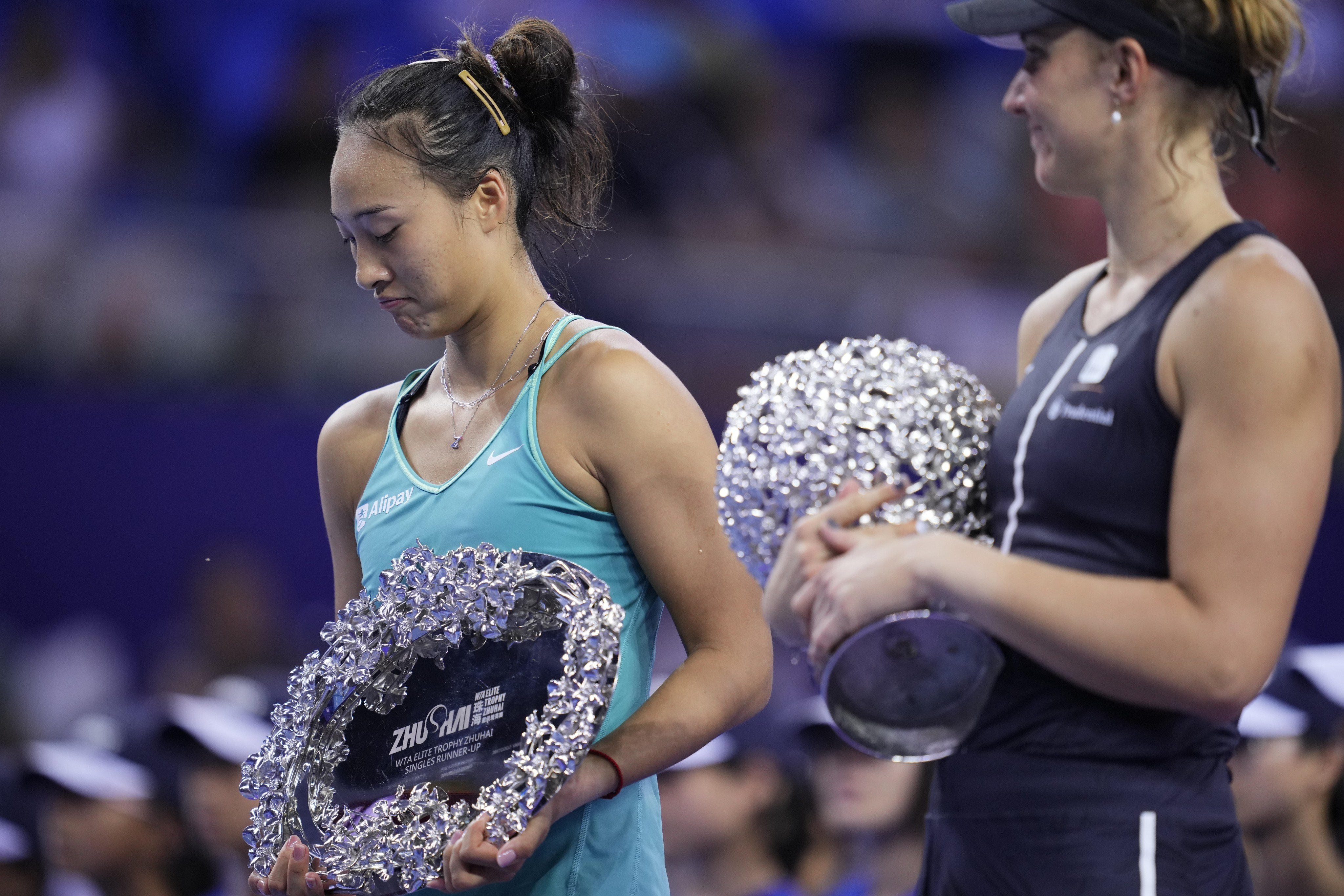 China’s Zheng Qinwen with her runner’s-up trophy after the WTA Elite Trophy singles final in Zhuhai. Photo: Getty Images
