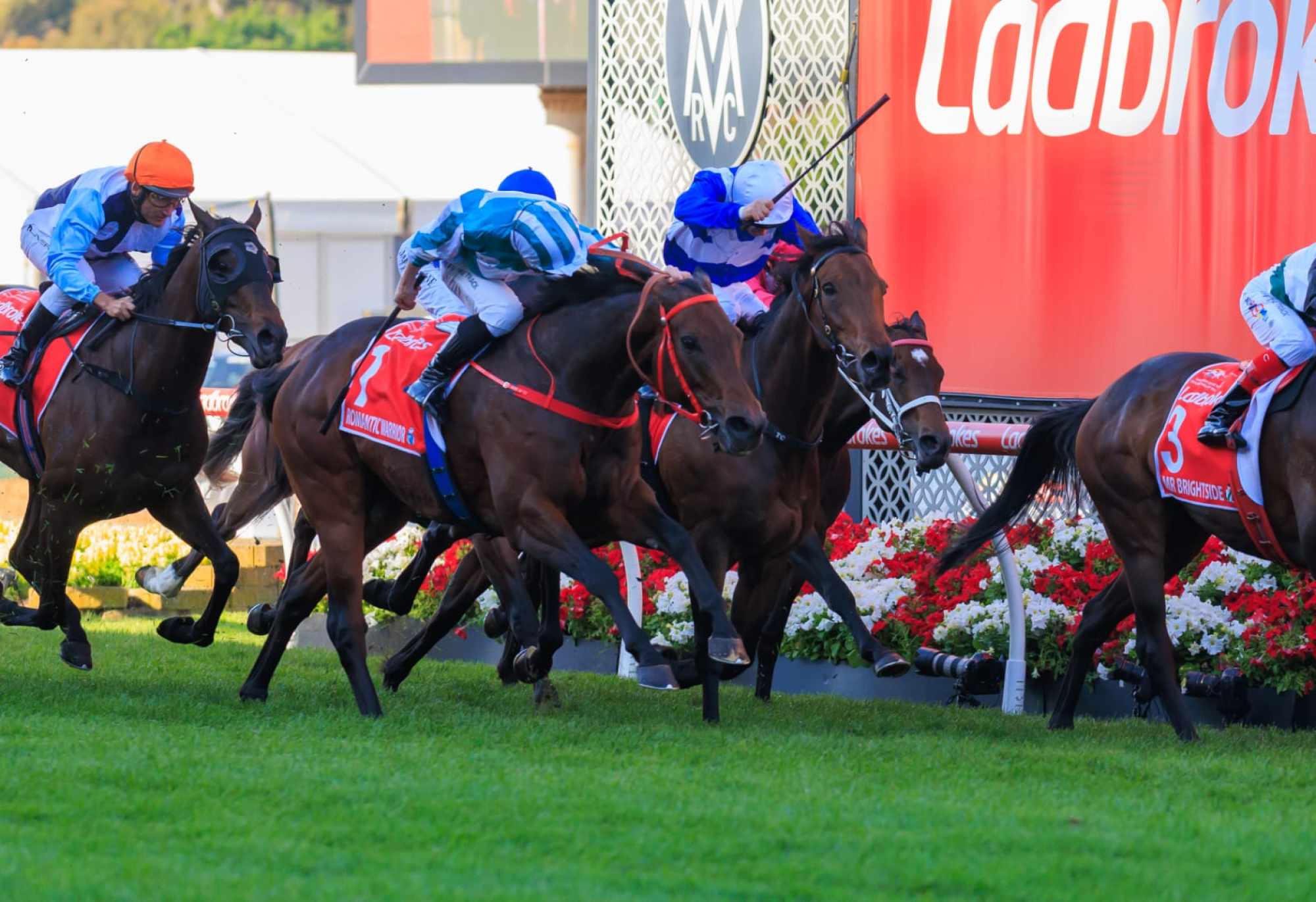 Romantic Warrior (outside) wins the Group One Cox Plate at Moonee Valley on Saturday.