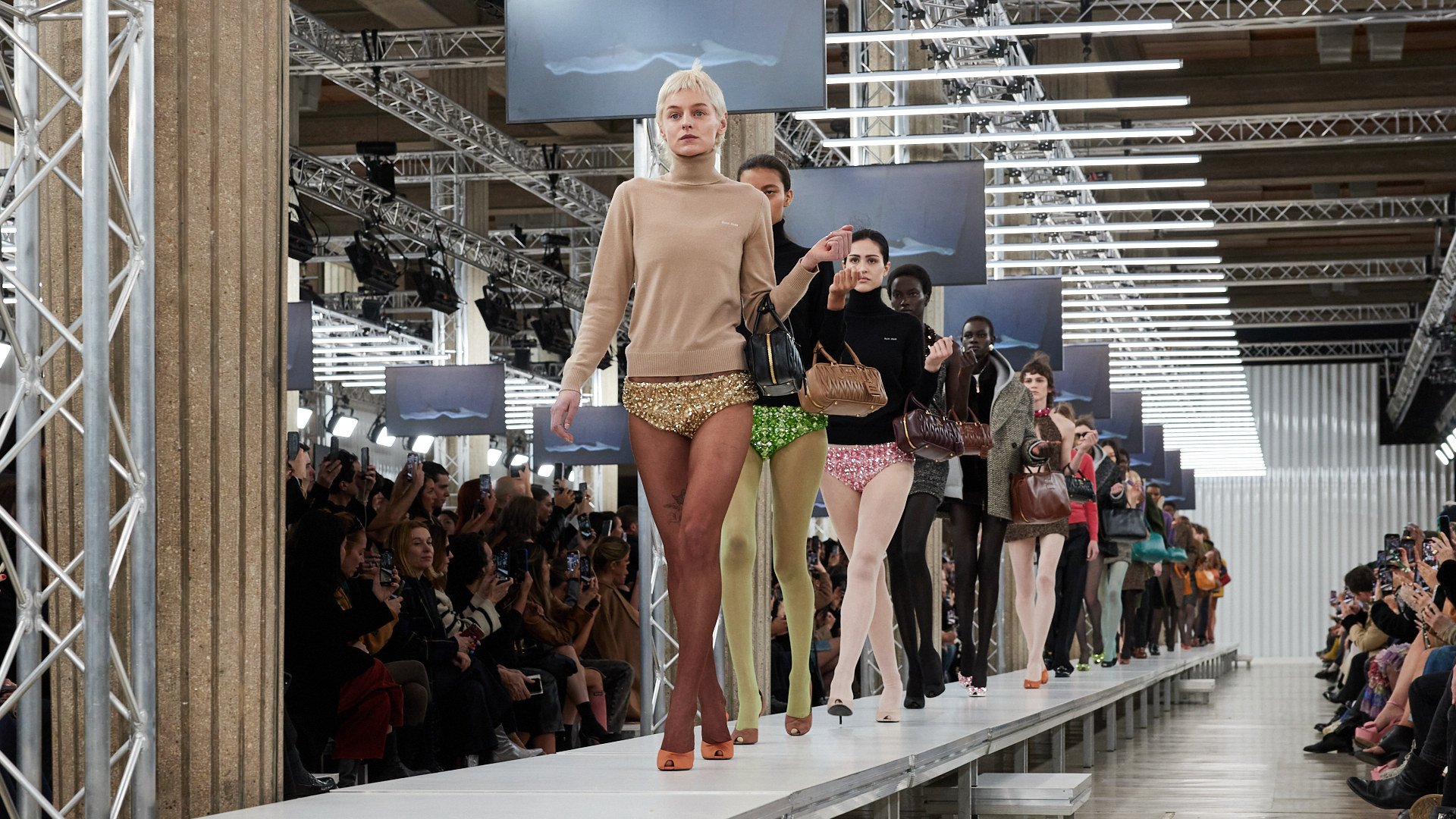 Emma Corrin leads the line at Miu Miu’s autumn/winter 2023-24 show at Paris Fashion Week in March, showing off a trouserless look that experts say will likely catch hold off the catwalk. Photo: Handout
