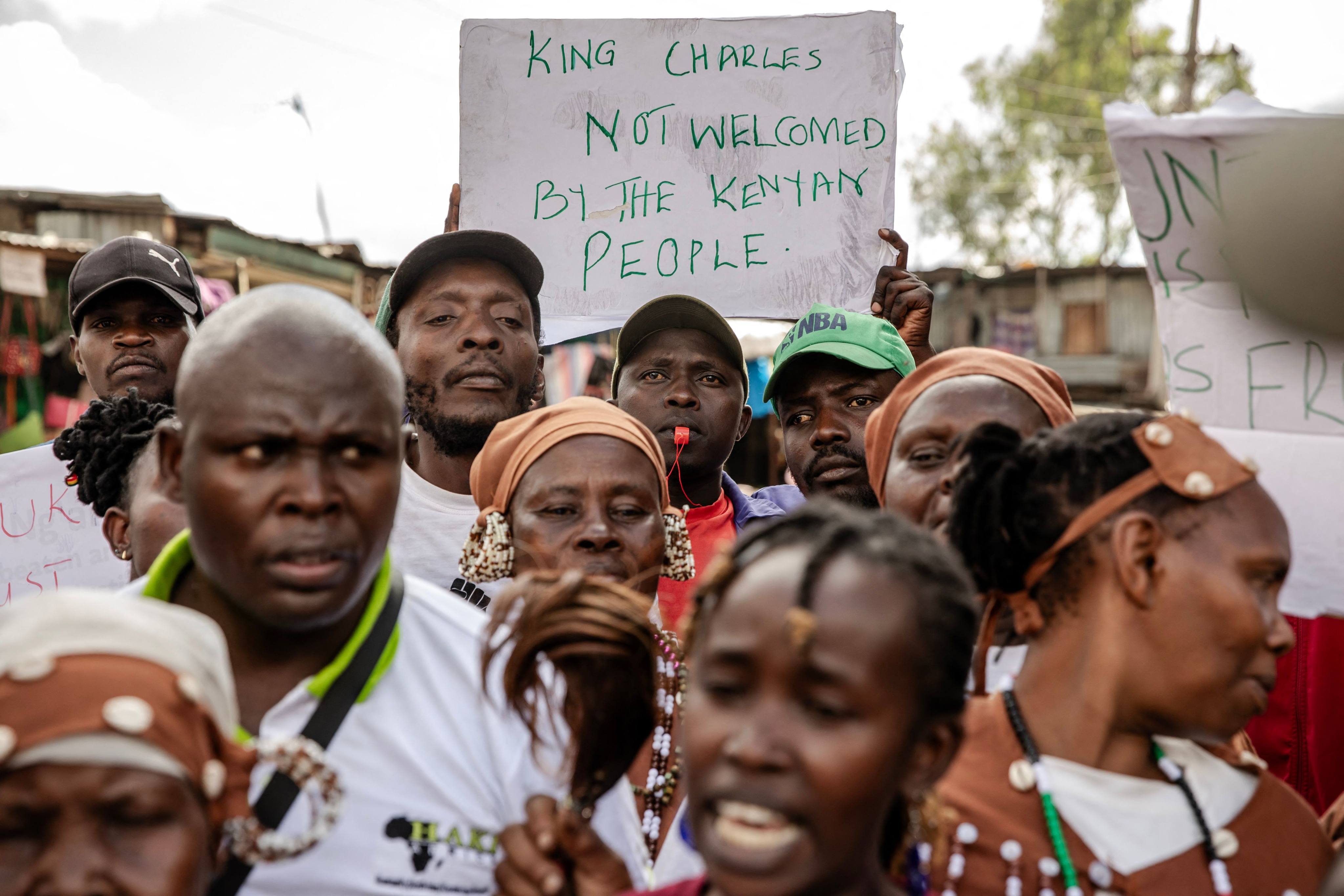 People in Nairobi, Kenya, demonstrate on Monday  against the visit of Britain’s monarch. Photo: AFP