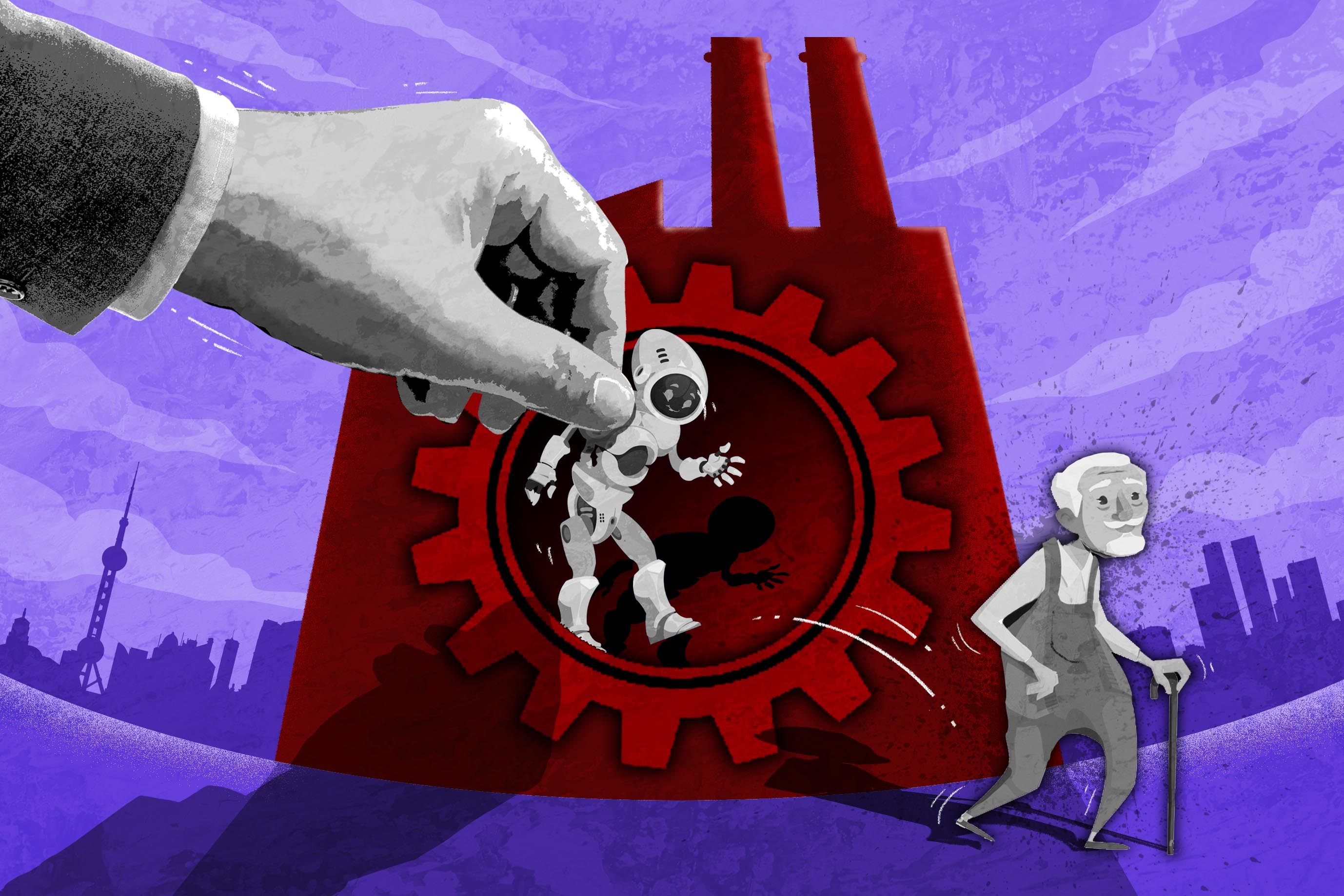 As China looks for ways to cope with its shrinking labour force and ageing population, robotic manufacturing could serve as a potential answer to both problems. Illustration: Henry Wong