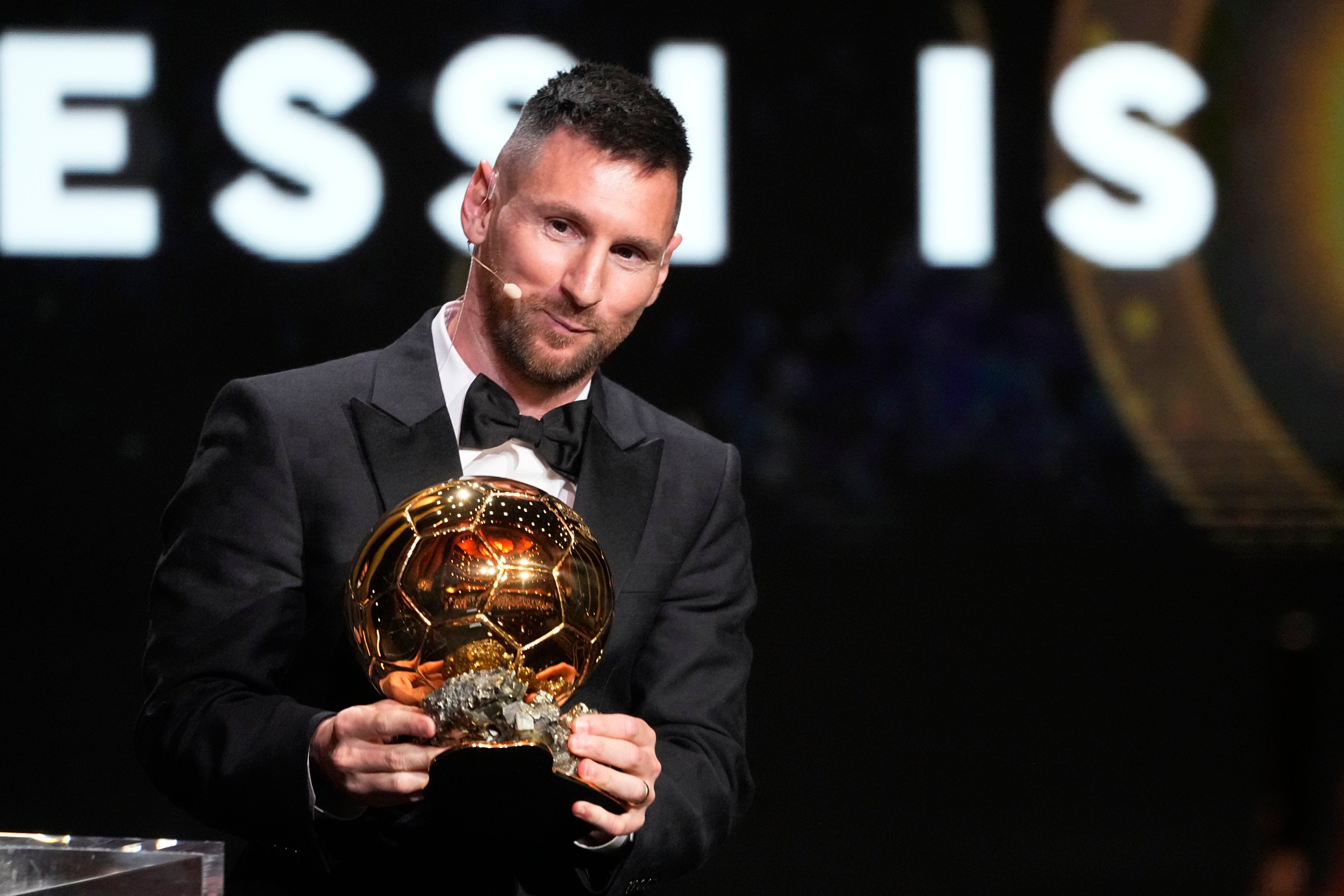 Inter Miami’s and Argentina’s national team player Lionel Messi receives the 2023 Ballon d’Or trophy in Paris. Photo: AP