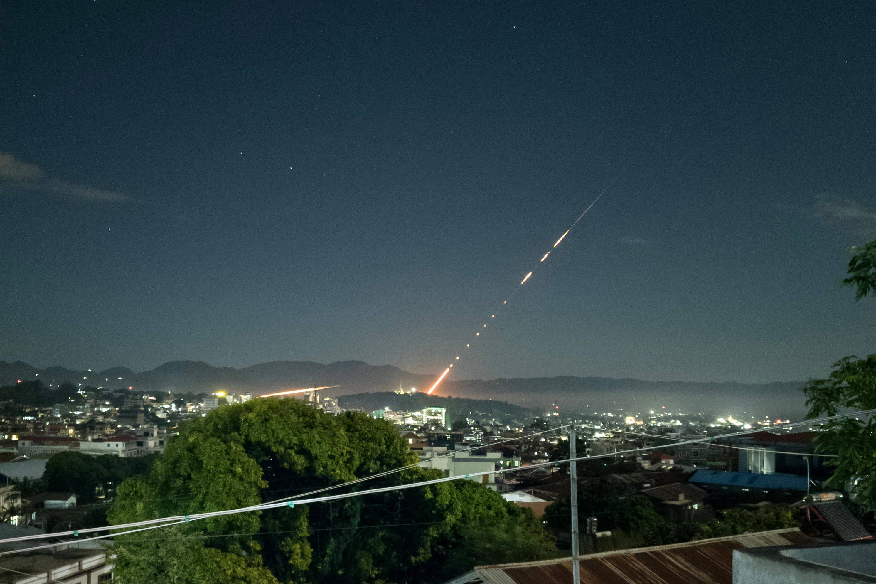 This long exposure picture taken late on Saturday shows a missile fired from a Myanmar military base in Lashio township, northern Shan State. Photo: AFP