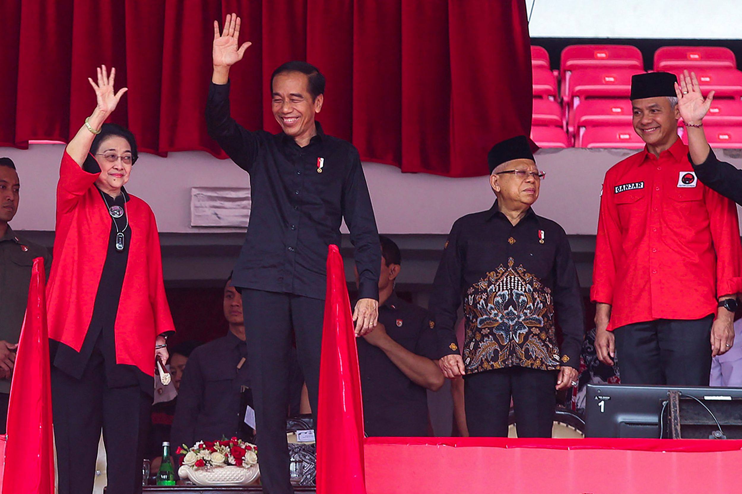 From left: Indonesia’s former president Megawati, President Joko Widodo, Vice-President Maruf Amin and presidential candidate Ganjar Pranowo attend the celebration of ‘Sukarno’s Month’, named for the nation’s founder, in Jakarta. Photo: AFP