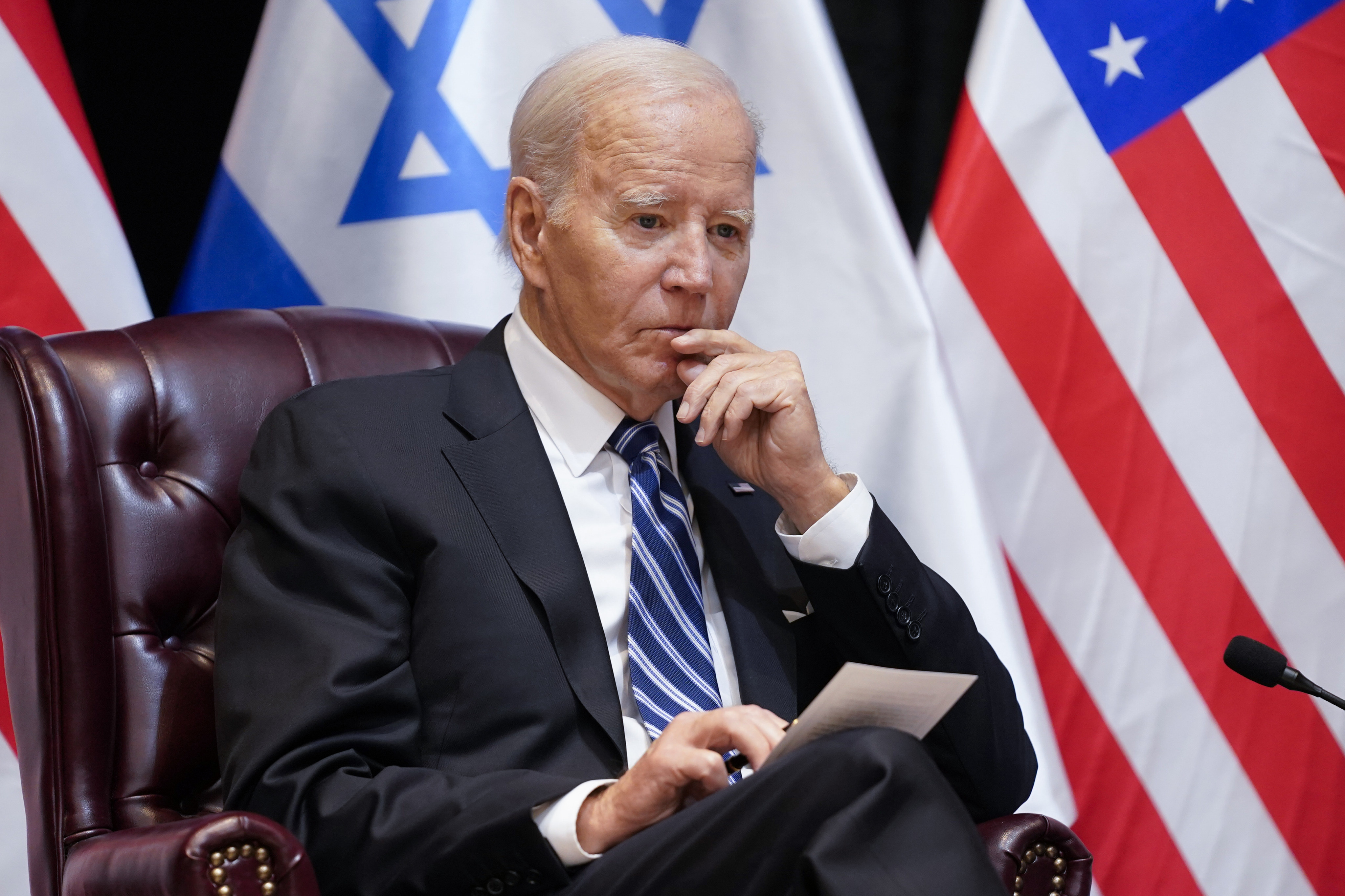 President Joe Biden listens during a meeting with Israeli Prime Minister Benjamin Netanyahu on October 18 in Tel Aviv. Biden’s unconditional support for Israel has constrained America’s strategic space in the face of an unprecedented humanitarian crisis. Photo: AP
