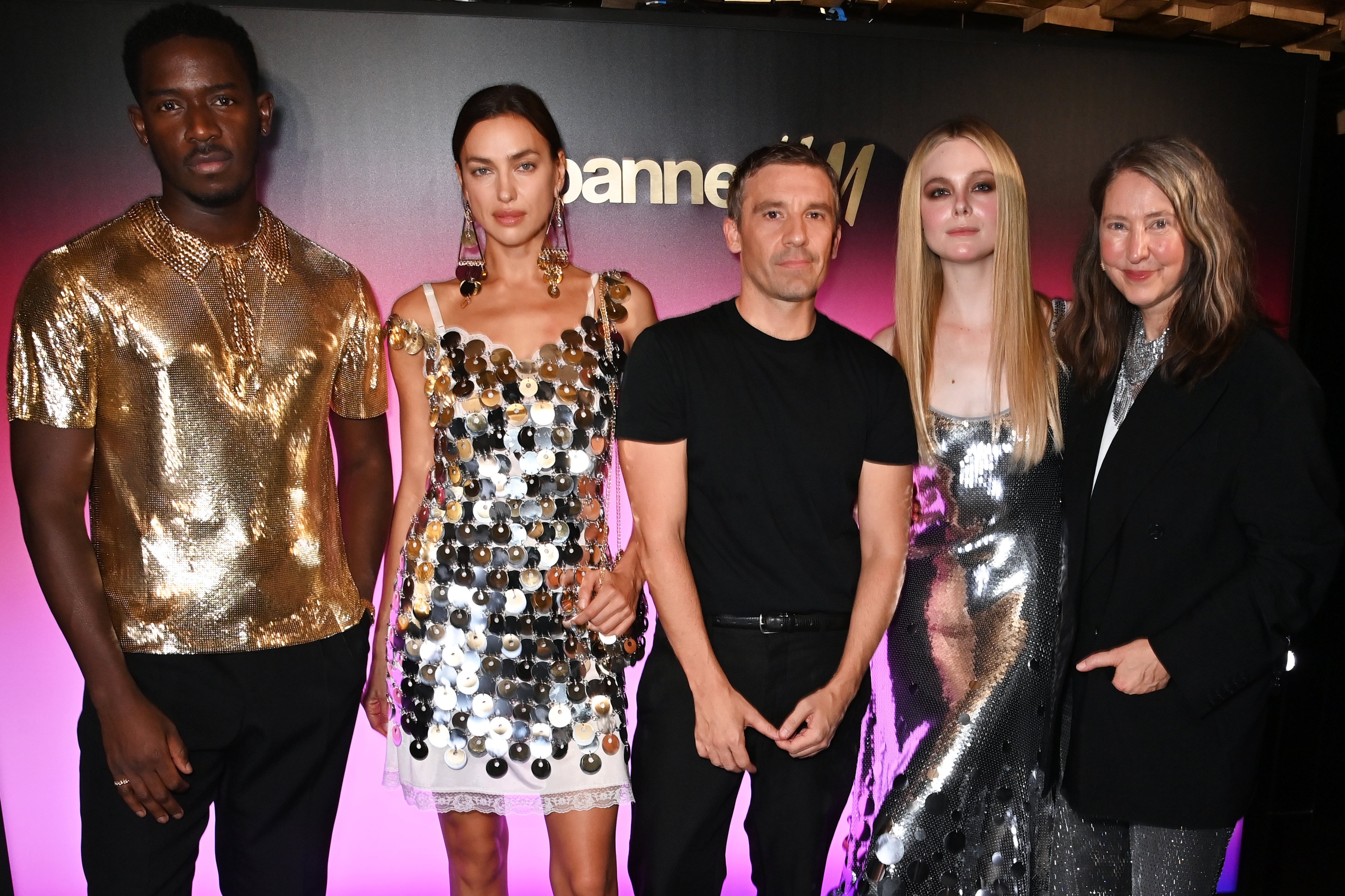 Rabanne creative director Julien Dossena (centre) – who has been credited with reinventing the Spanish brand – pictured last month with actor Damson Idris, model Irina Shayk and actress Elle Fanning, at the launch of the Rabanne H&M collection at Silencio in Paris, France. Photo: Getty Images